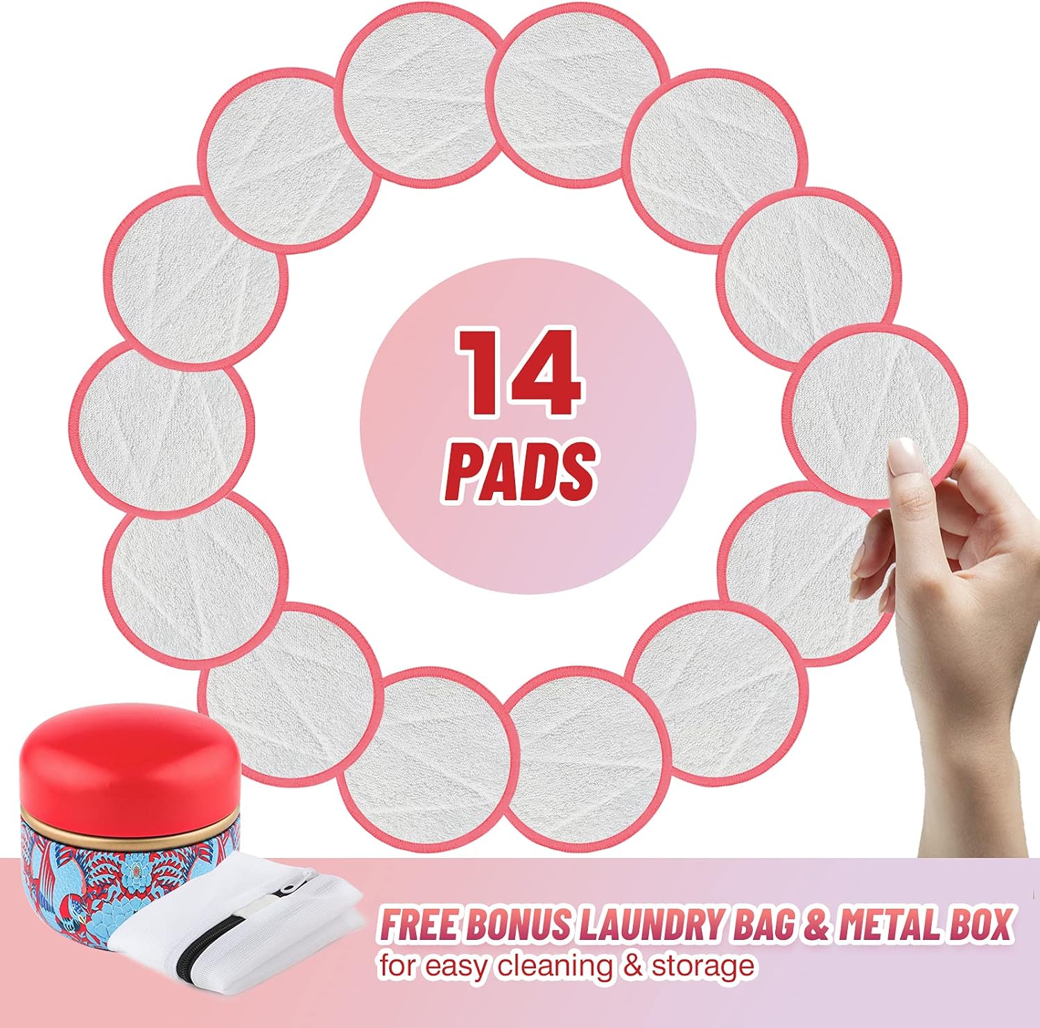 Veemos Reusable Cotton Rounds,14 Pieces Dual Sided Makeup Remover Pads with Washable Laundry Bag & Storage Box,Eco Friendly Bamboo Cotton Pads (Red) : Beauty & Personal Care