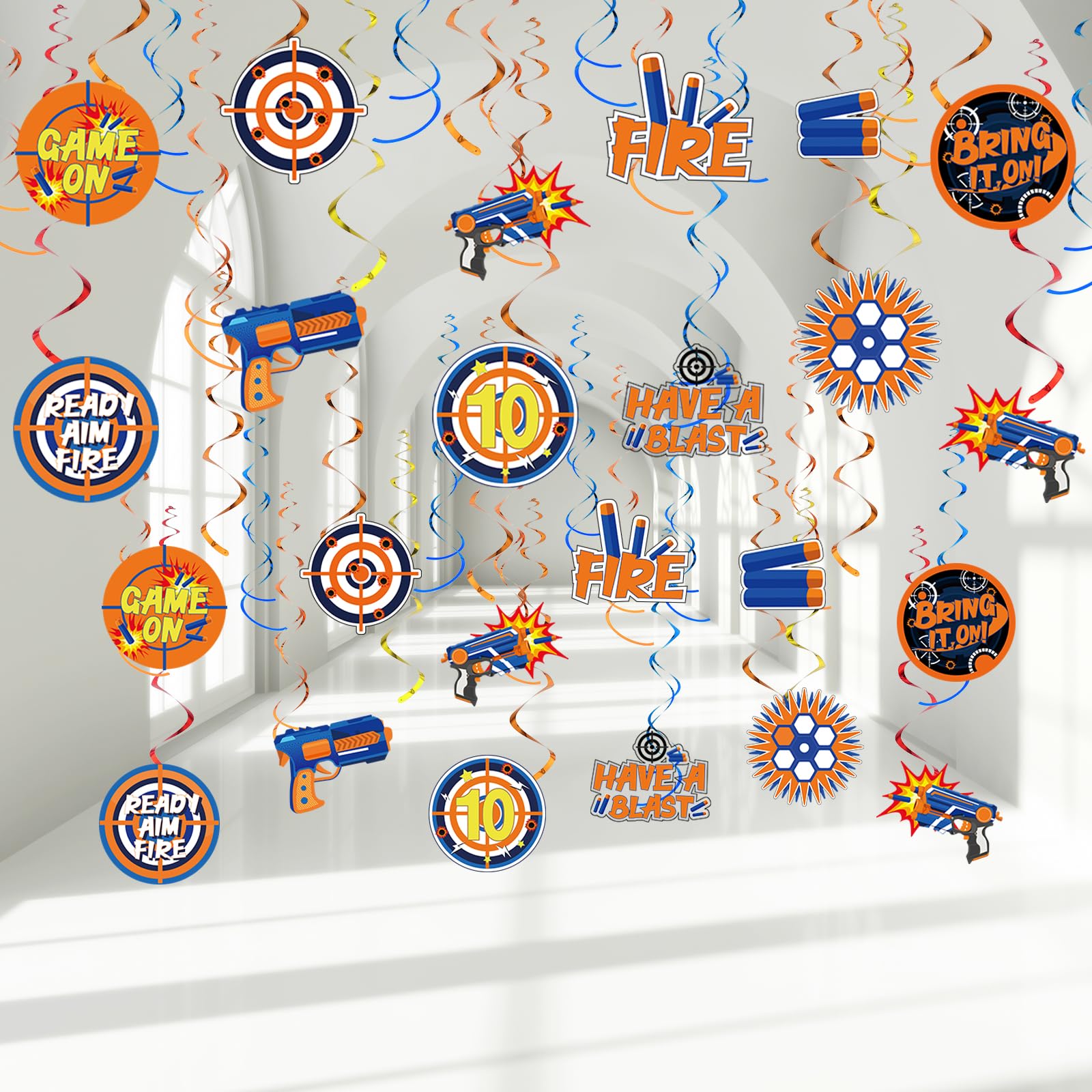51 Pcs Dart War Party Hanging Swirl Decorations,Blue and Orange Dart Element Target Theme Hanging Swirl Decorations for Dart War Battle Birthday Party