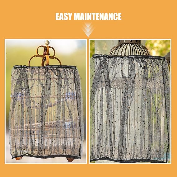 SHOWERORO 2pcs Universal Bird Cage Mesh Cover for Parrots and Parakeets, Adjustable Black Nylon Dust Guard Net with Soft Breathable Fabric, Fits Xl Cage Perimeter 150-210cm Height 35cm