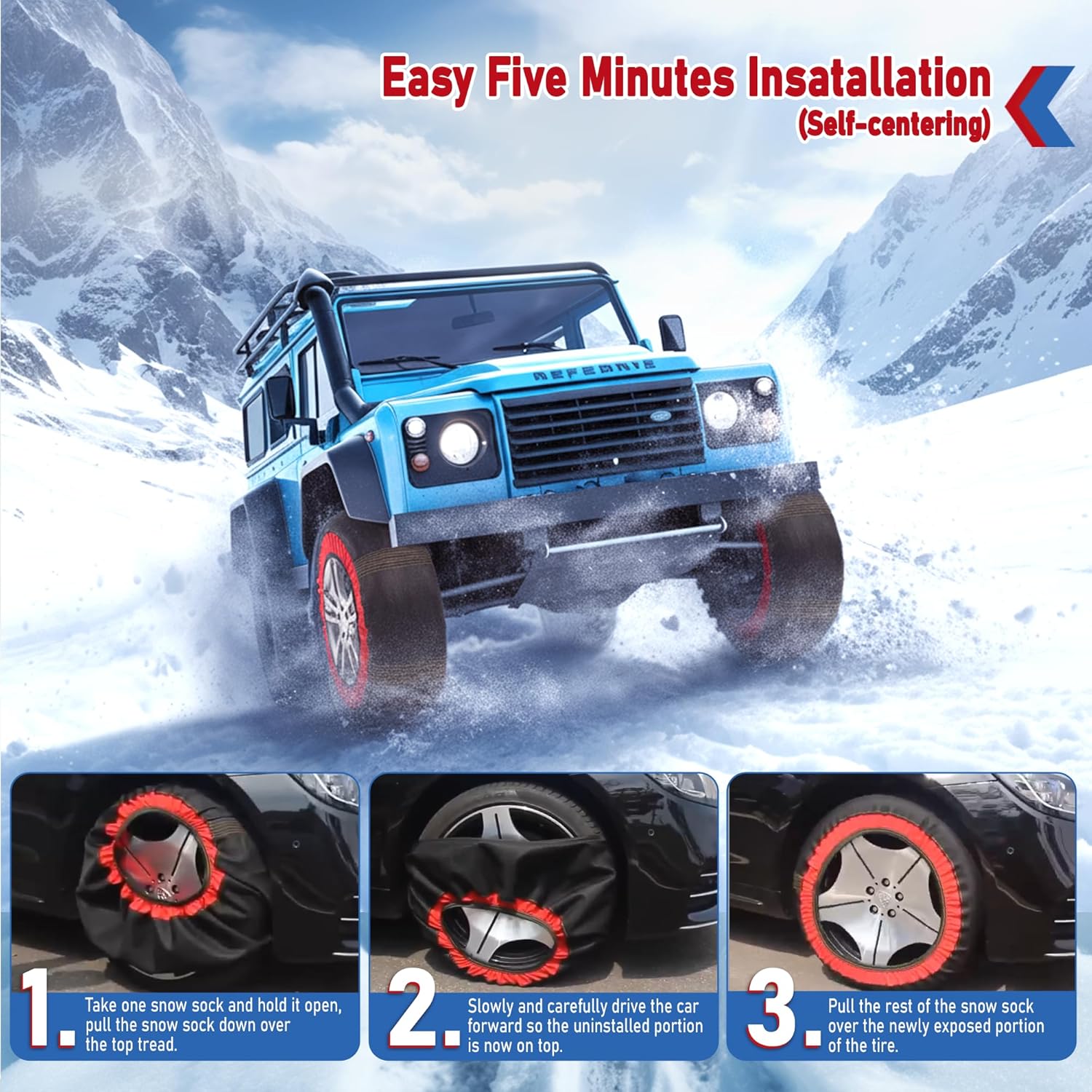Automotive Snow Socks for Tire Red XXXL Textile Snow Chains Fabric Car Chains, 2 Pairs of Gloves, Winter Accessories SUV Trucks Pickup Winter Emergency EN 16662-1:2020 Standard