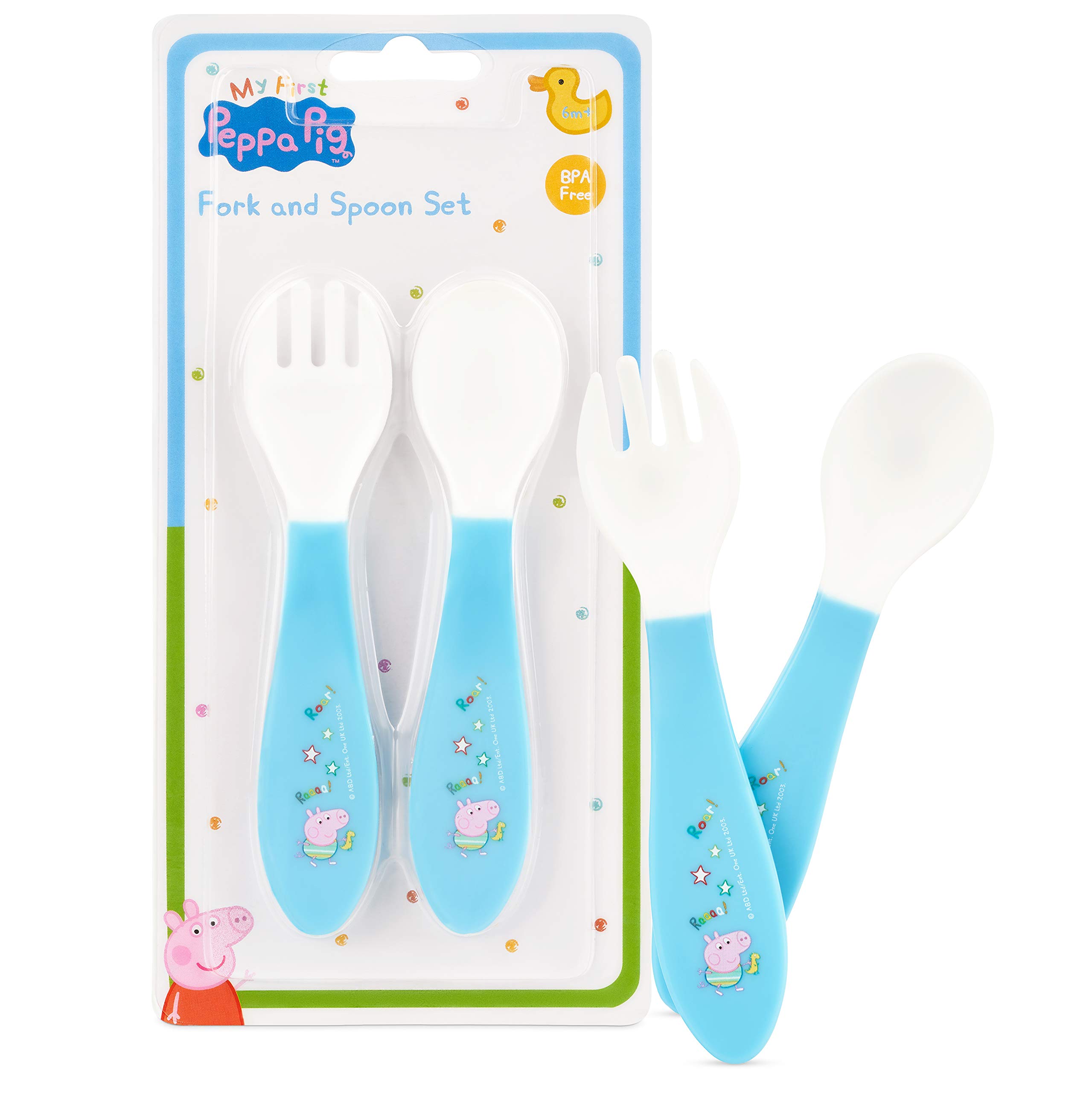 Peppa Pig Toddler Cutlery Set, Square Straw Sipper 420ml, Fork & Spoon, Plate Dinnerware Set, Non-Spill Flip Up Spout Character Set, BPA Free Toddler Cutlery (4 Blue Cutlery Set)