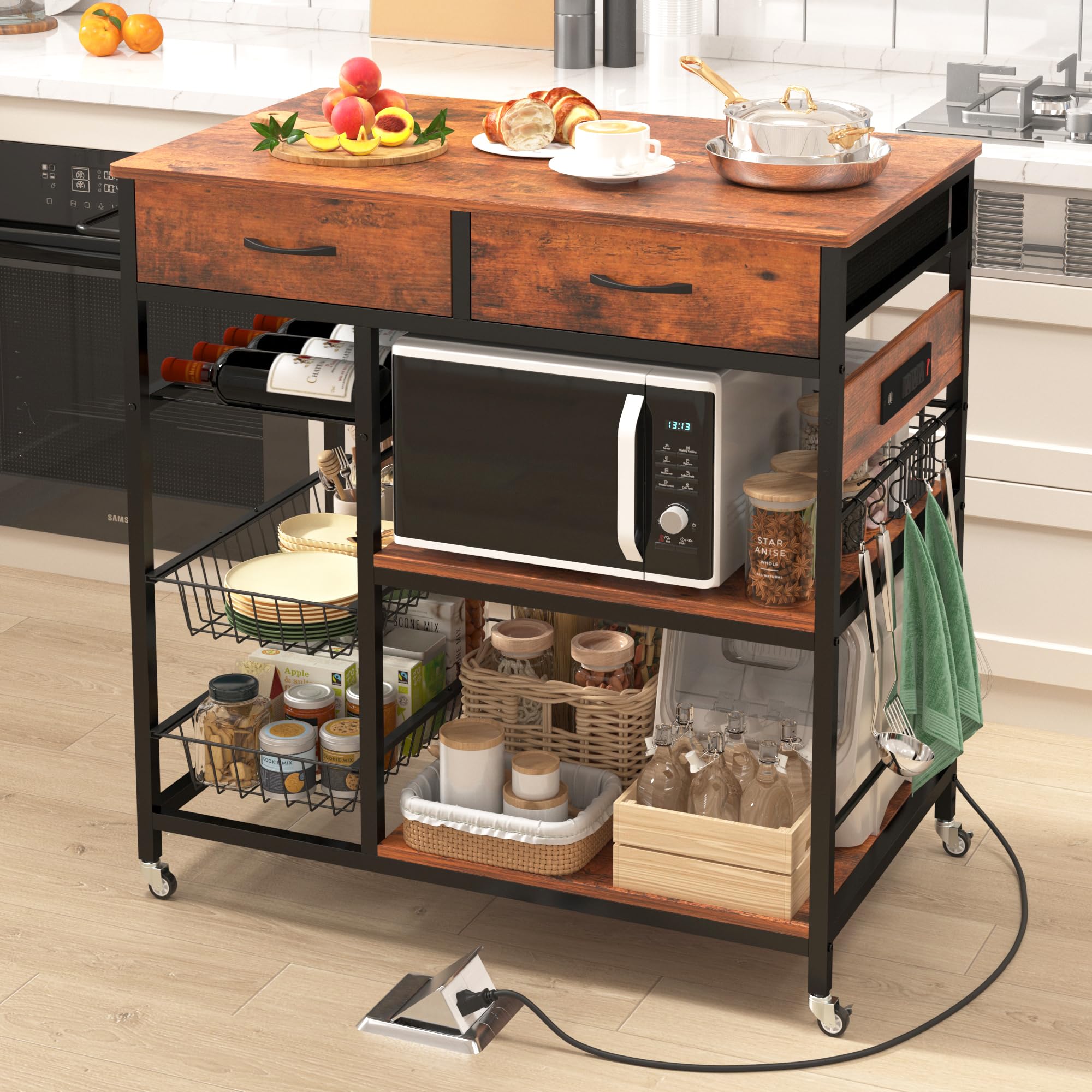 NAIYUFA Kitchen Island with Storage,Industrial Kitchen Island on Wheels,Rolling Kitchen Island Cart with Power Outlet,Modern Island Table for Kitchen