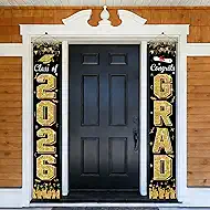 Class of 2026 GRAD Banner Porch black and gold graduation decorations，Welcome Sign for Indoor and Outdoor Wall Decor, High School College Party Supplies, Congrats Grad Hanging Backdrop Decorations