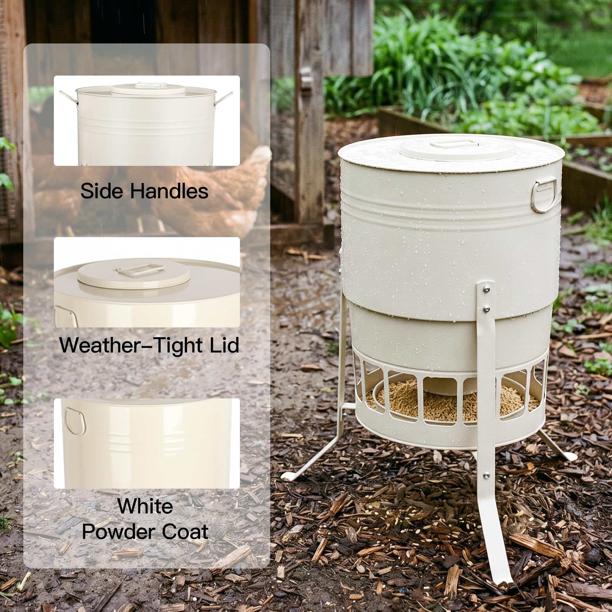 Comedero automático para pollos de 23 kg, sin desperdicio, con 16 puertos, color blanco, a prueba de ratas, gravedad, para gallinas, gansos, 43 L