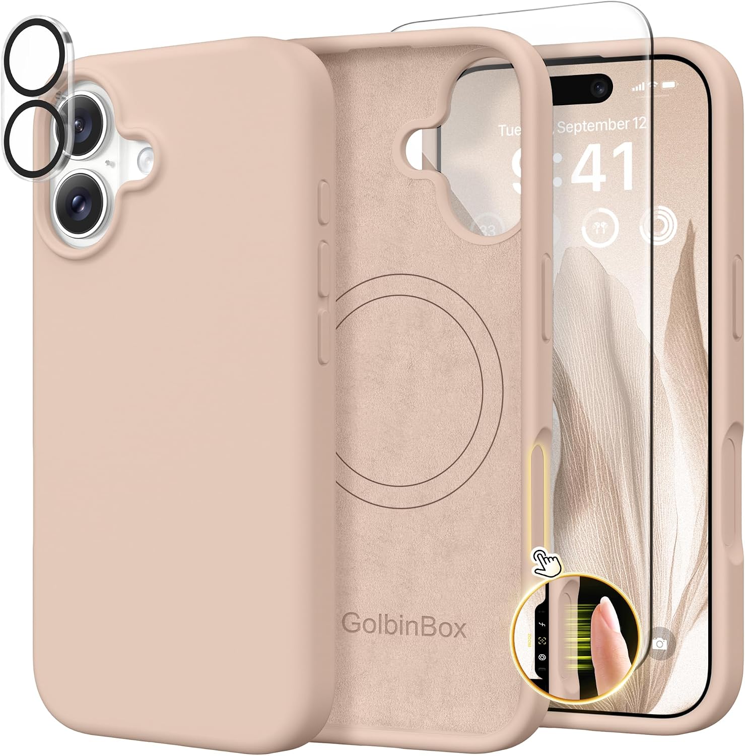 GolbinBox Magnetic for iPhone 17 Case, Compatible with MagSafe, Screen Protector + Camera Lens Protector, Liquid Silicone Shockproof Phone Cover with Anti-Scratch Microfiber Lining, Sunny