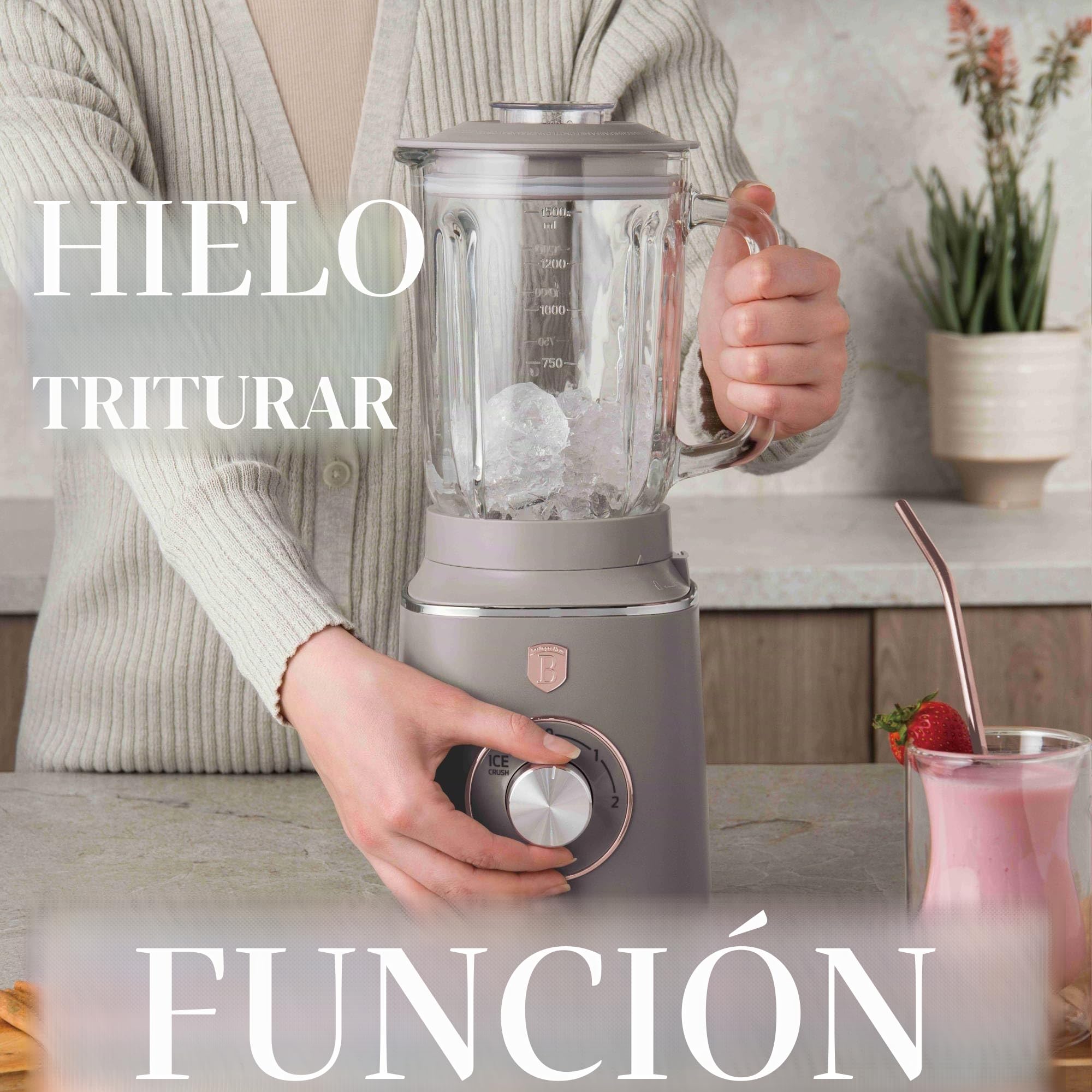 Berlinger Haus Batidora de Mesa 1000W con Jarra de Vidrio 1.5L, Función Smoothie y Tritura Hielo, Cuchillas de Acero Inoxidable, Protección Contra Sobrecalentamiento, Color Taupe Mate