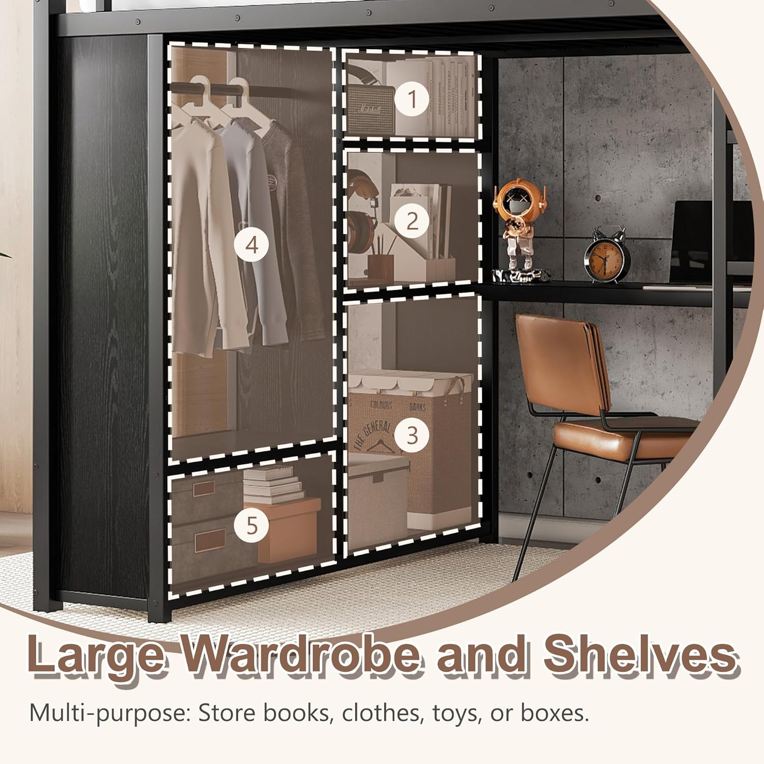 Queen Heavy Duty Metal Loft Bed with L-Shaped Desk, Wardrobe & 5 Storage Shelves – Space-Saving Design for Kids, Teens, Adults – 500LBS Capacity, Easy Assembly (Queen)