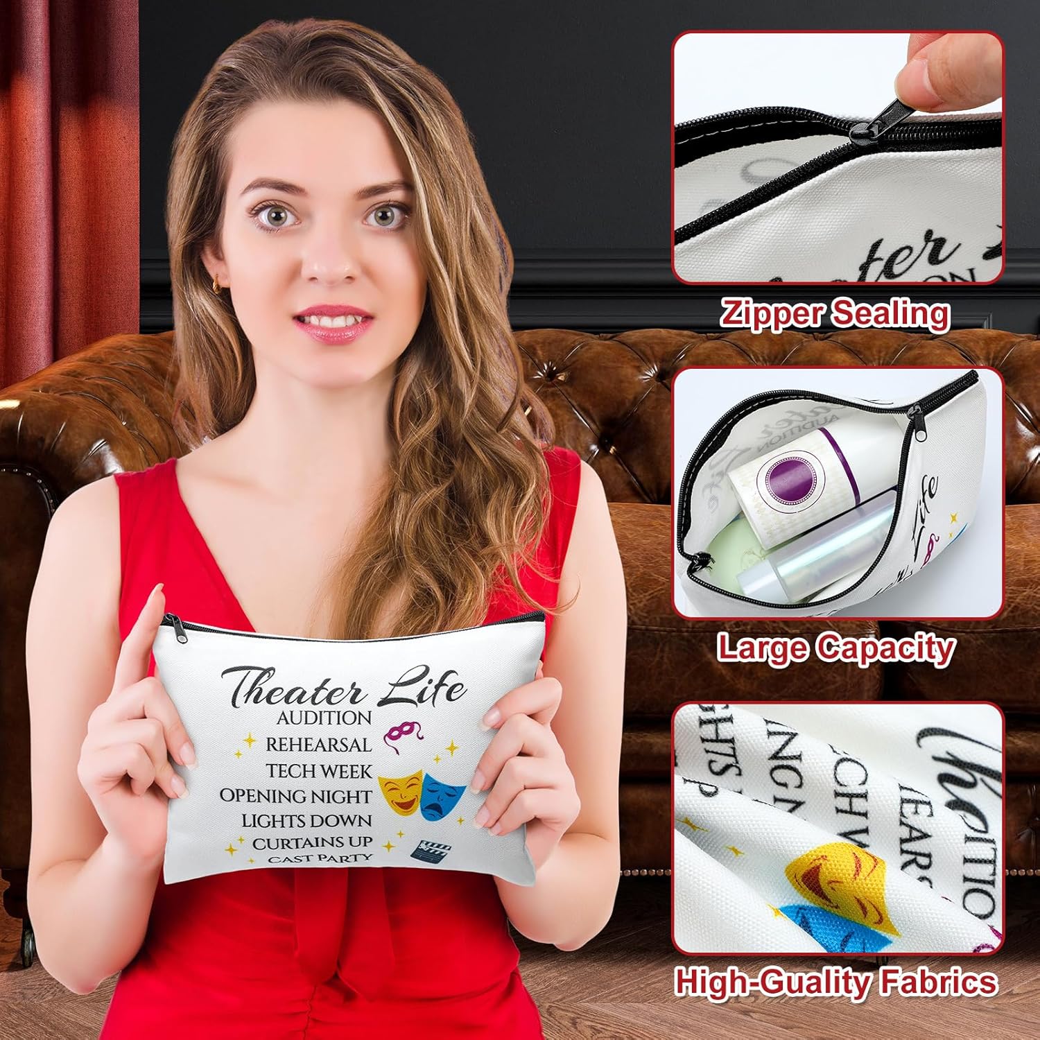 Reginary 6 Pcs Theatre Makeup Bags Musical Theater Gifts for Women Theatre Zipper Cosmetic Bag Broadway Gifts for Drama Theater Actors and Lovers - Image 3