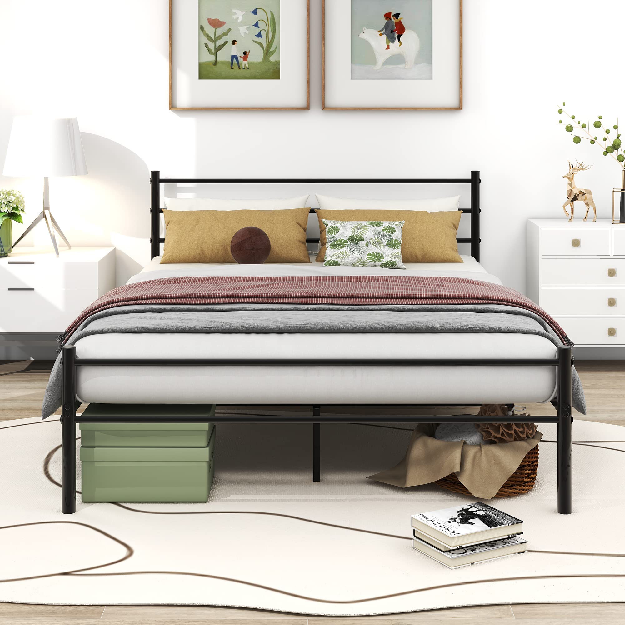 Diahomy Metallbett 120x200 cm Bettgestelle mit Lattenrost, Schwarz | Doppelbett,Bettrahmen mit Kopfteil, Gästebett Jugendbett für Schlafzimmer Gästezimmer