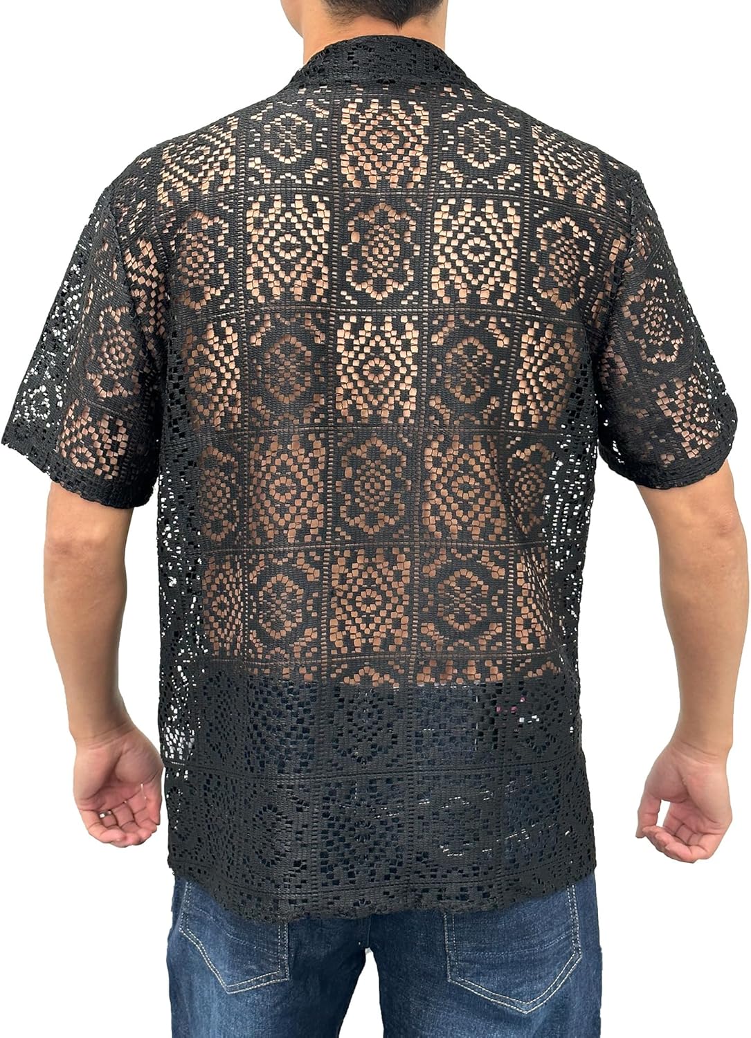 PLEPAN Mens Lace Shirt Floral Hollow Out See Through Casual Short Sleeve Button Down Hawaiian Vacation Shirts Summer Beach - Image 2