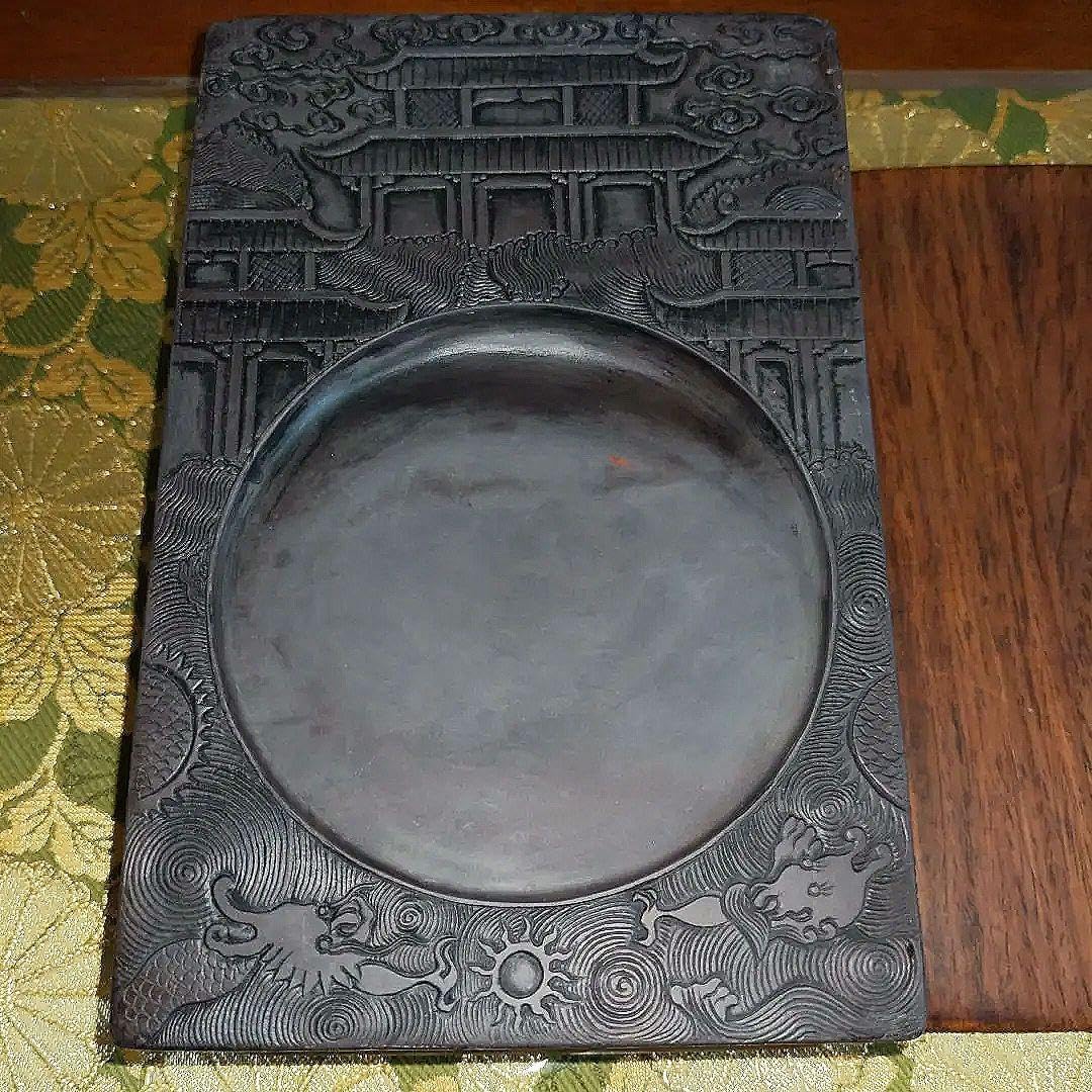 中国 彫刻端渓硯 中国古硯 端渓硯 石筋模様 木箱入り 未使用