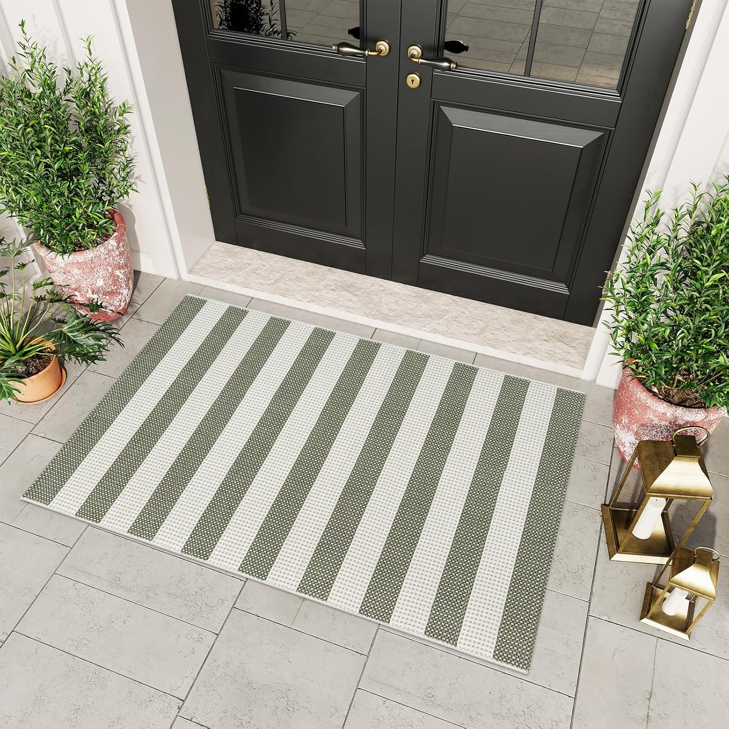 OJIA Green and White Outdoor Rug 3'x5', Washable Entryway Rugs Indoor Front Door Mat Cotton Woven Checkered Rug Front Door Rug Small Area Rug for Front Porch Kitchen Patio Bathroom