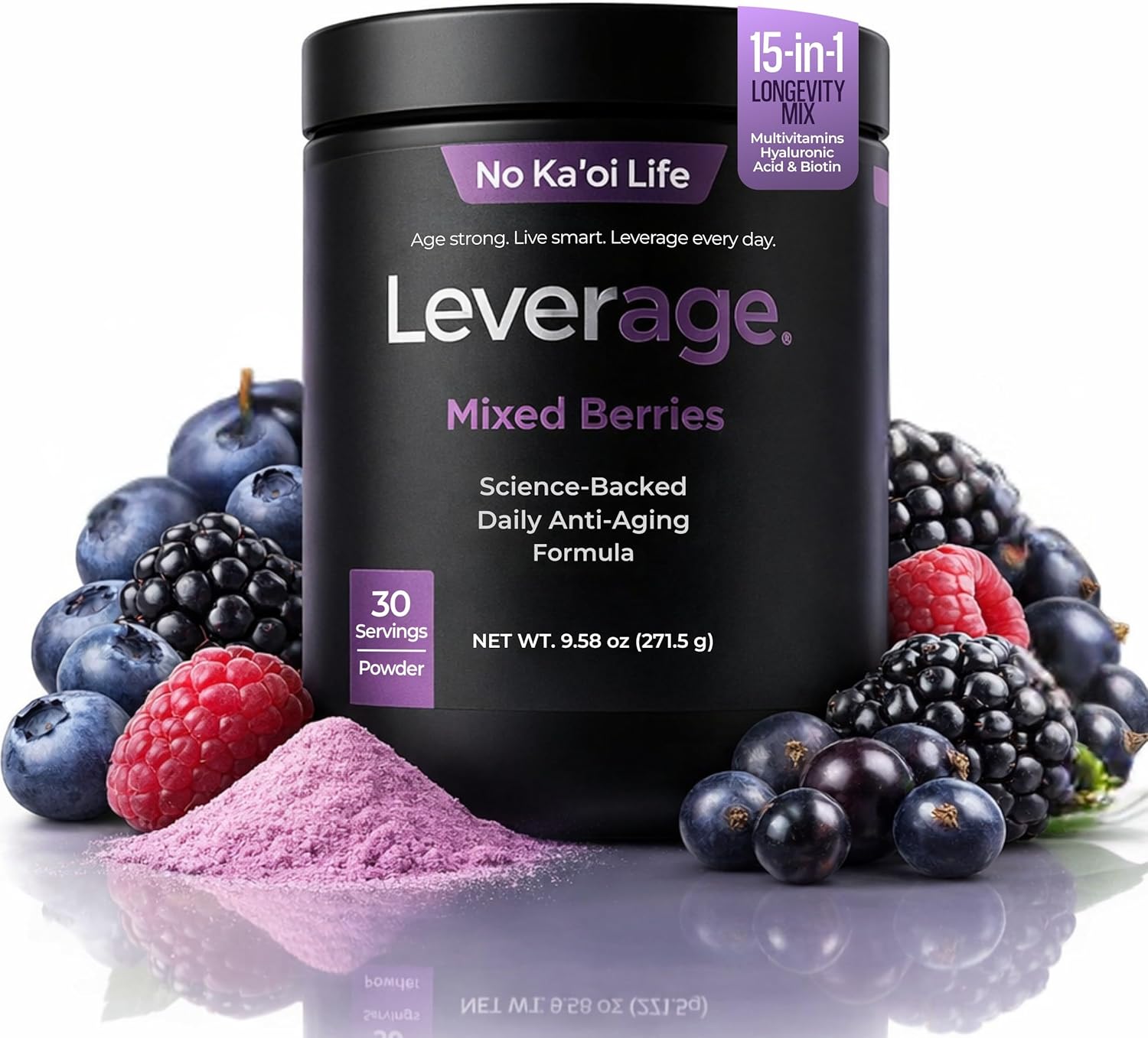 Leverage Mixed Berries Anti–Aging Supplement & Longevity Mix - Daily Wellness Multivitamin Powder with Hyaluronic Acid, L-Glycine & Magnesium for Skin, Energy, Cognitive Function & Joint–30 Servings