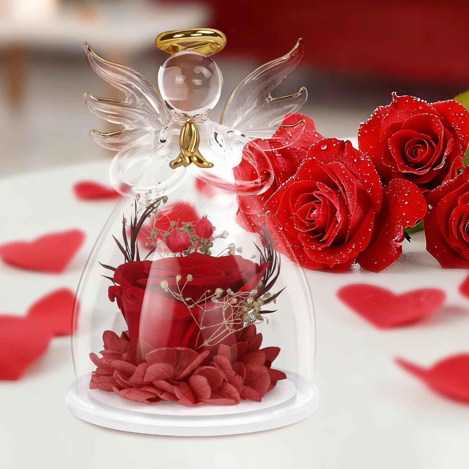 Valentines Day Rose Gifts for Her,Fresh Flowers for Delivery,Birthday Gifts for Women Mom,Preserved Flowers in Glass Angel Figurine,Angel Mothers Day Rose Gift for Mom Grandma,Red Gift Valentines - Image 2