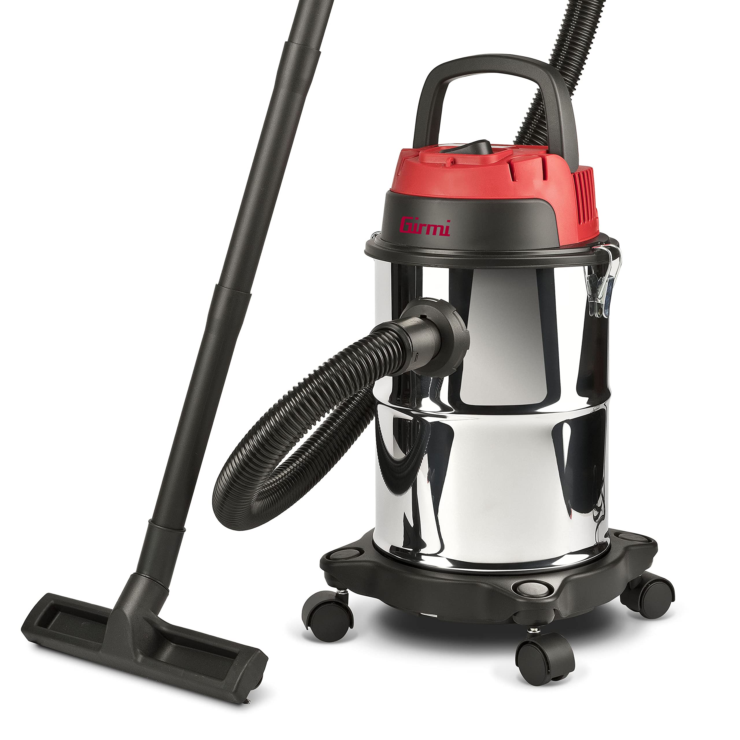 Girmi AP45 Bidone Aspira Solidi e Liquidi INOX, Capacità 15 Litri, Wet&Dry, 1000 Watt, Alta Forza Aspirante 16 kPa, Filtro in tessuto, Accessori inclusi, Rosso/Nero