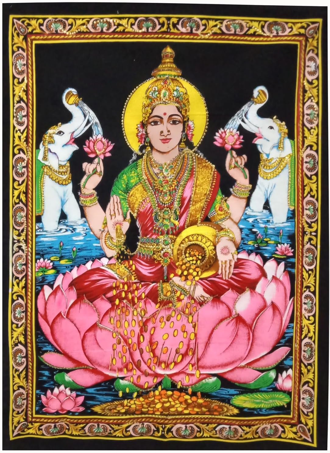 Auspicious Maa Lakshmi Goddess of Wealth & Prosperity with Golden Sequins - Cotton Tapestry Diwali Pujan sequin Batik Cotton Wall Tapestry 40" X 30"