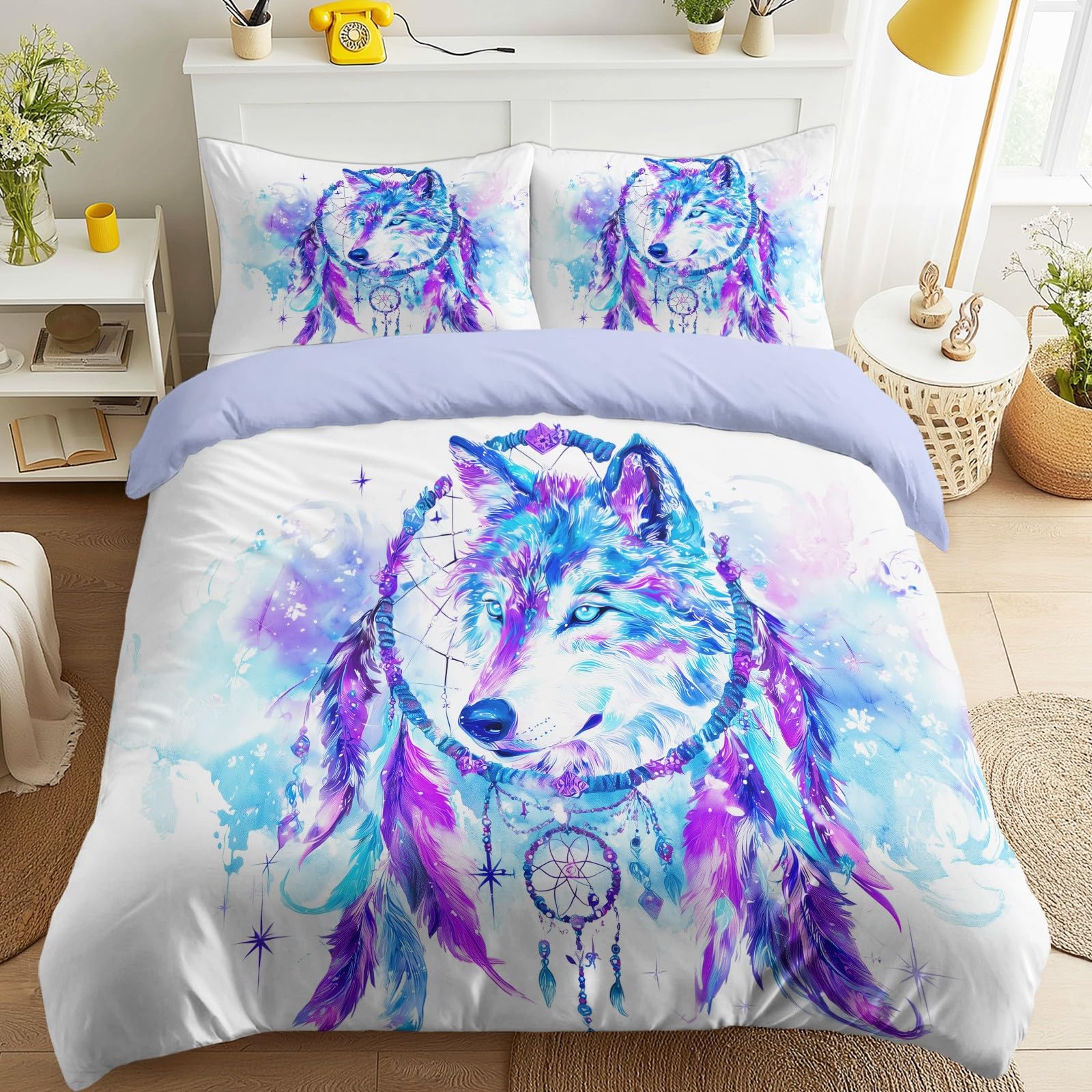 Housse de Couette Loup Attrape Rêves Parure de Lit 200x220 Bleu Bohème