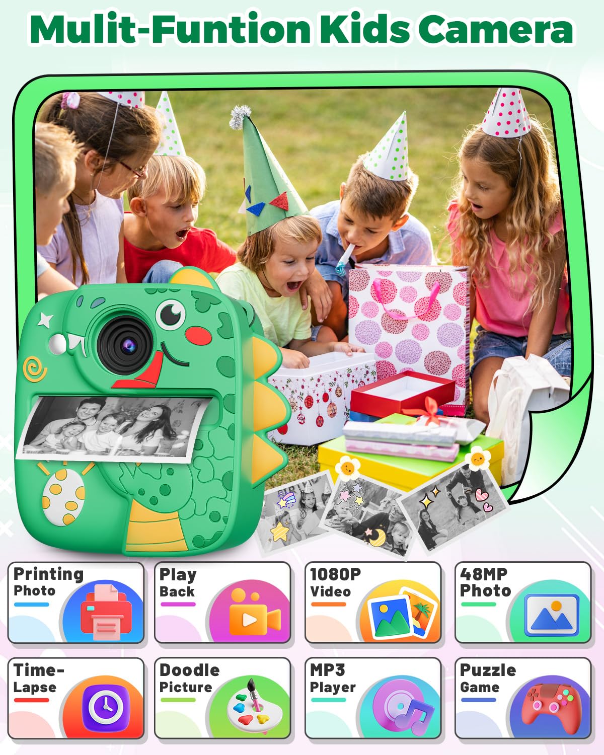 CHRERNA Macchina Fotografica Bambini Istantanea, Fotocamera Istantanea per Bambini con Carta da Stampa e Carta 32GB, Regalo per Bambini per Ragazze Ragazzi da 3-12