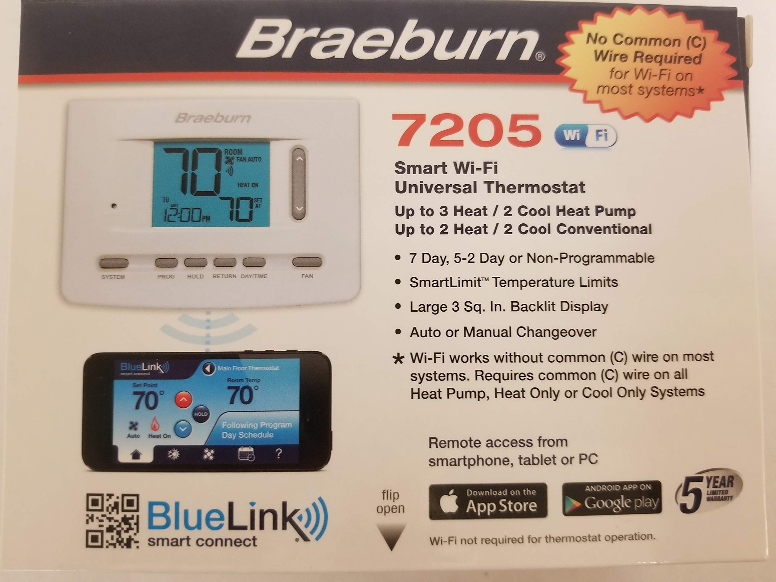 Braeburn 7205 Digital Programmable Wi-Fi Thermostat, White