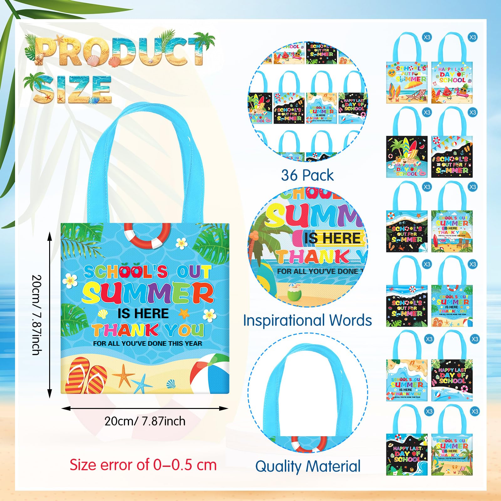 Cosblank 36 Pcs Summer Gift Bags Bulk, School's out for Summer End of Year Tote Bags with Handle, Non-woven Reusable Last Day of School Gifts for Students Classroom Beach Pool Tropical Party Favors