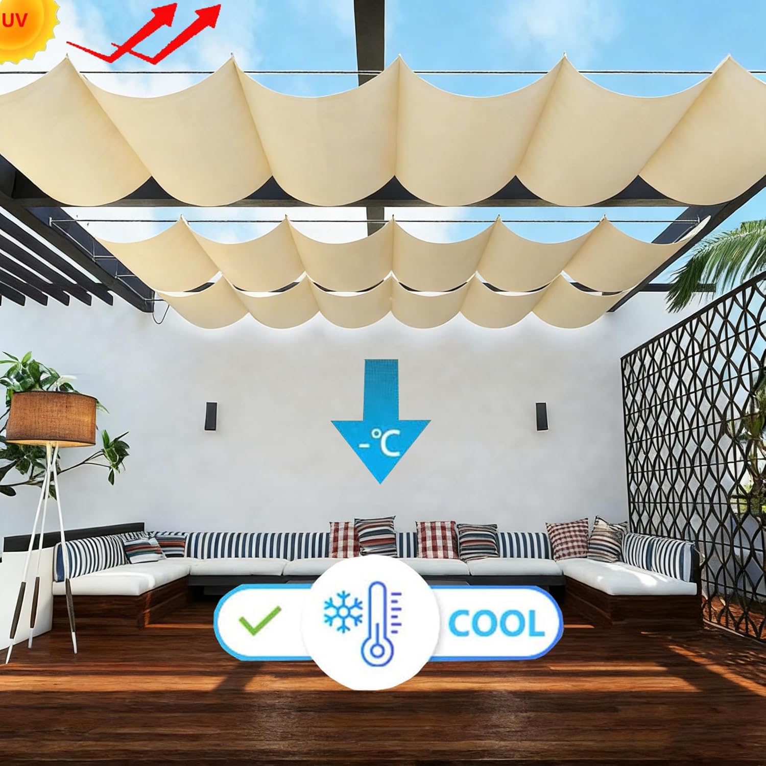 Retractable Wave Sun Shade Sail 4' x 10' Waterproof Pergola Shade Cloth Cover Polyester Sunscreen Awning Canopy Wind Protection for Outdoor Patio Yard Terrace Carport Cream