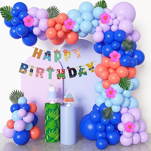 Stich 131 Piezas Decoraciones de Fiesta de Cumpleaños con Globos - Kit de Arco Azul Morado con Pancarta de Feliz Cumpleaños, Hojas de Palma, Flores