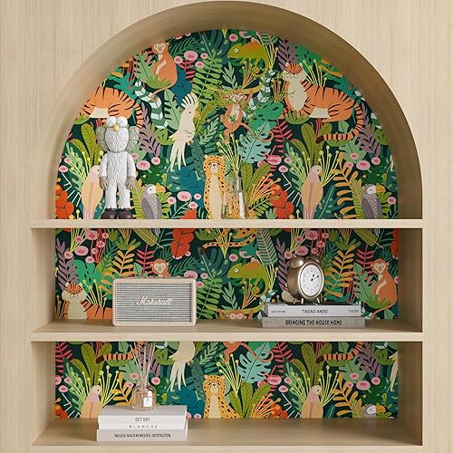 Miniatura 4 de CHIHUT Papel tapiz de animales de la selva de 17.7 x 100 pulgadas, papel tapiz removible para niños, papel tapiz de leopardo y pájaro de leopardo,