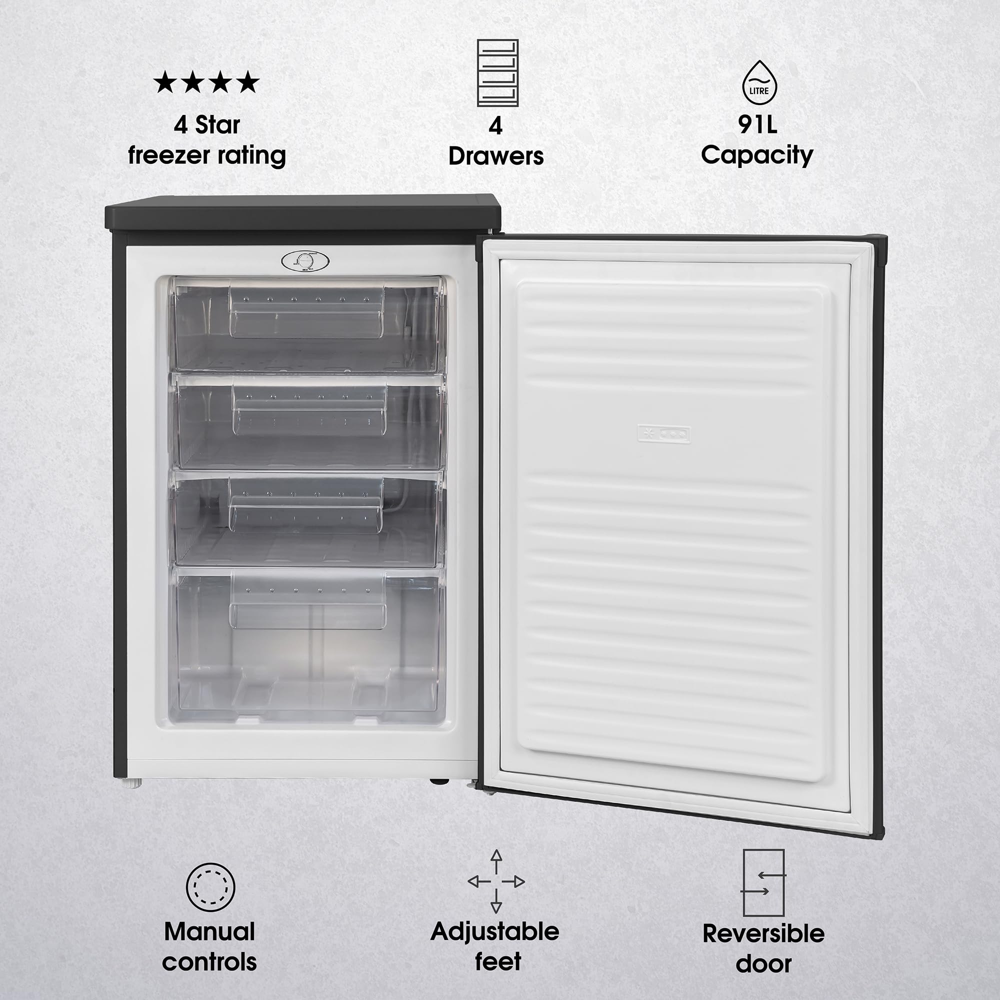 Abode Under Counter Freezer 55cm Wide Freestanding Black 91 Litre with 4 Drawers, Adjustable Feet & Reversible Door, 4 Star Freezer, Suitable for Garages & Outbuildings A85UCFZ552E1B (Black, 55 cm) - 3