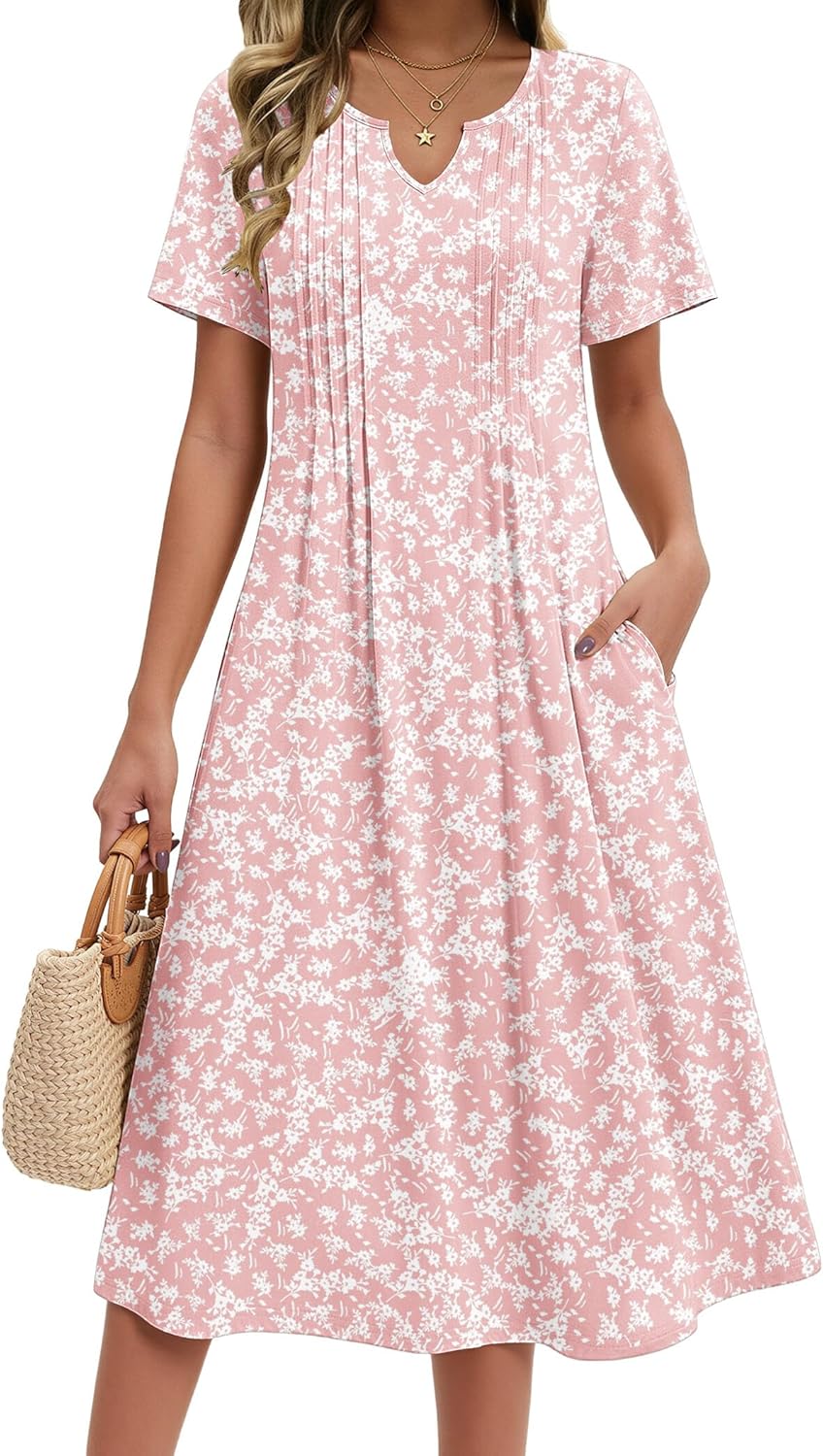 Zeagoo Summer Dresses for Women 2026 Casual Short Sleeve Aline Midi Dress with Pocket Flowy Pleated Tshirt Beach Sundress