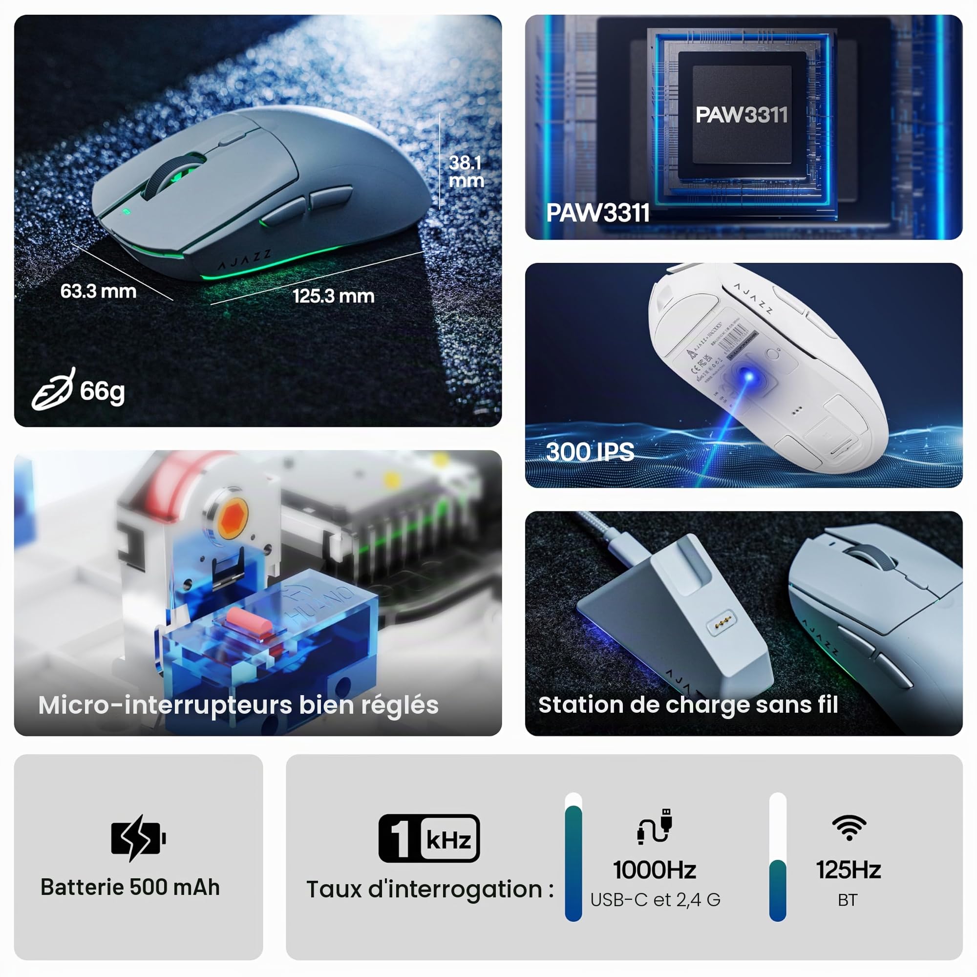 MechLands AJAZZ AJ139 V2 MC Souris de jeu avec base de charge, réglable 12 000 ppp, capteur PAW3311, souris sans fil 3 modes, batterie 500 mAh, taux d'interrogation de 1000, 66 g, légère, Win/Mac