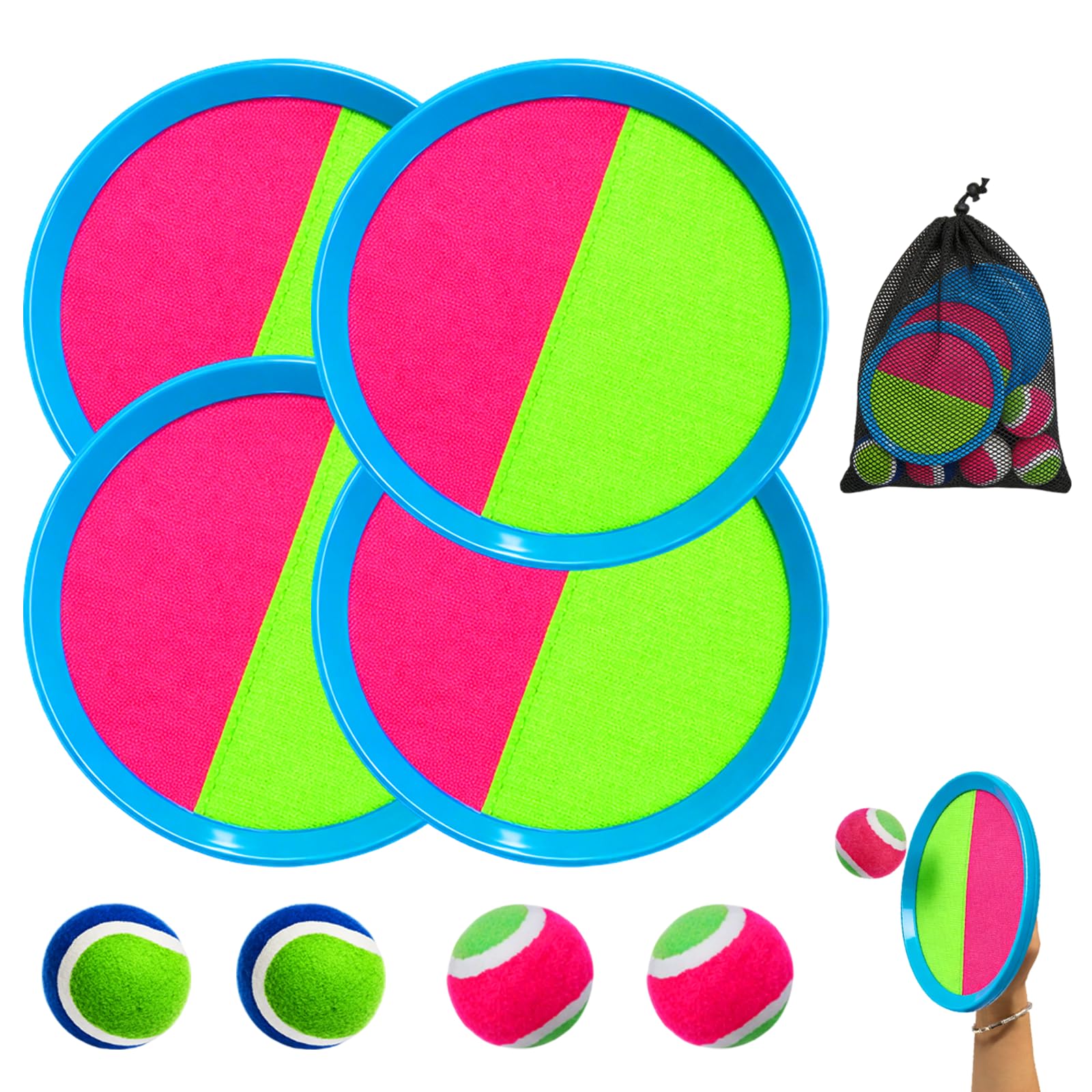 Toss and Catch Ball Set,Beach Ball Games for Kids Ages 3+,Toss and Catch Ball Game Outdoor Toys,Outdoor Lawn Games, Garden Pool Toys,Birthday Gifts for Kids Family (4 Balls,4 Paddles)