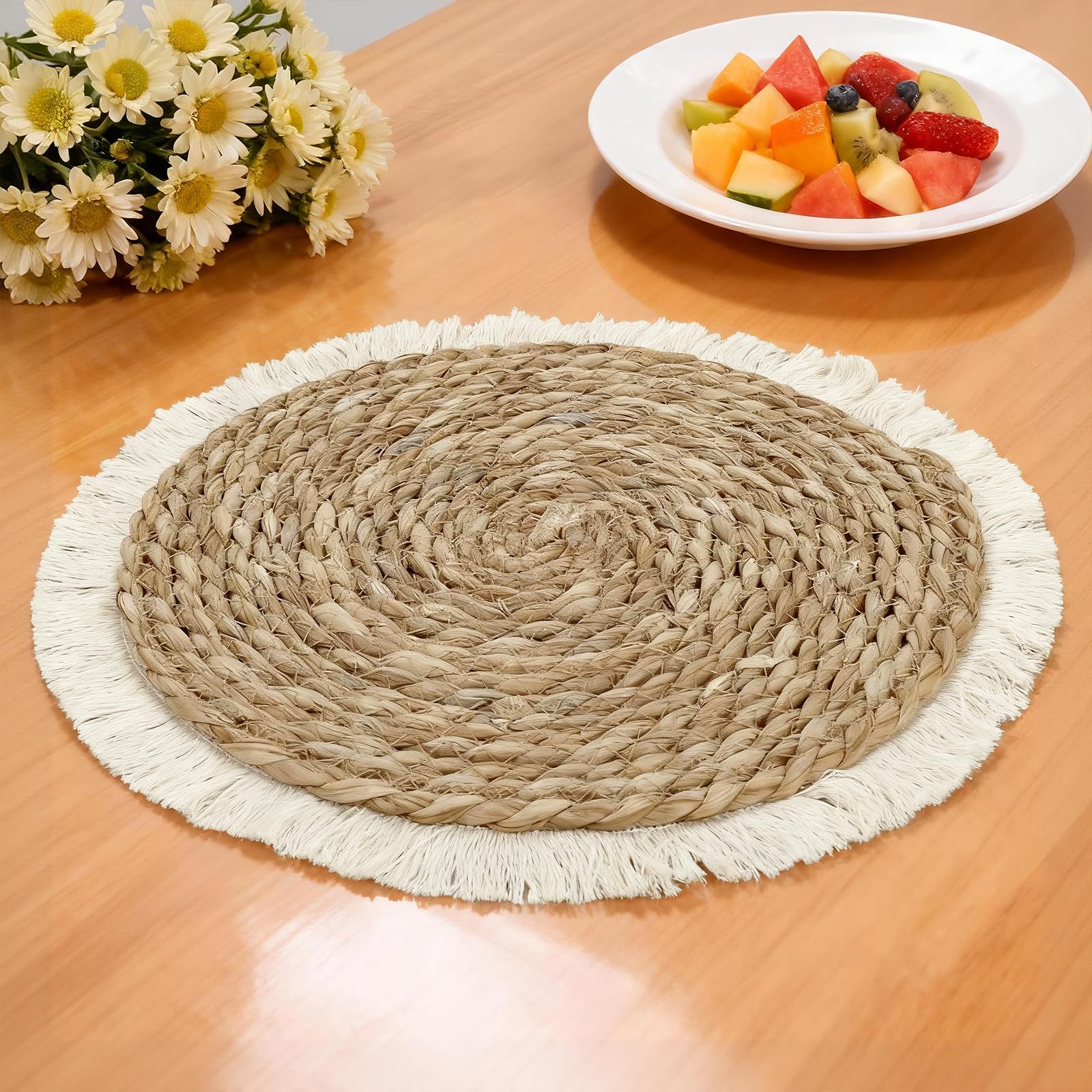 Set Tavoli Rotondi 6 Pezzi, Copripiatto Intrecciato con Design a Frange, Resistente al Calore per Decorazione Boho di Tavolo Cucina, Lavabile, Antiscivolo, Beige