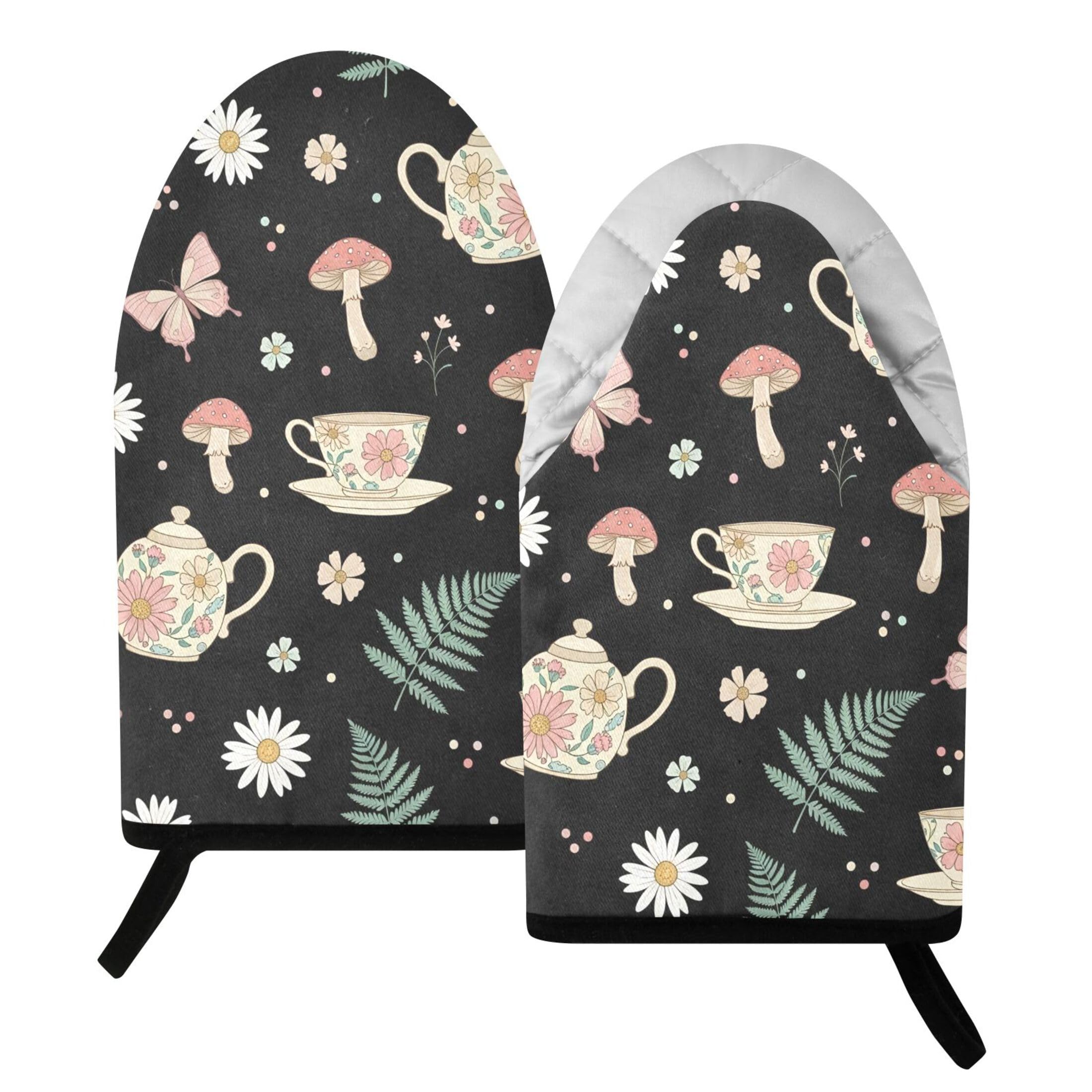 Kutsu Tea Pot Daisy Oven Mitts for Kitchen, Heat Resistant Cotton Oven Gloves for BBQ Baking Cooking, Breathable Kitchen Essentials, 2 pcs