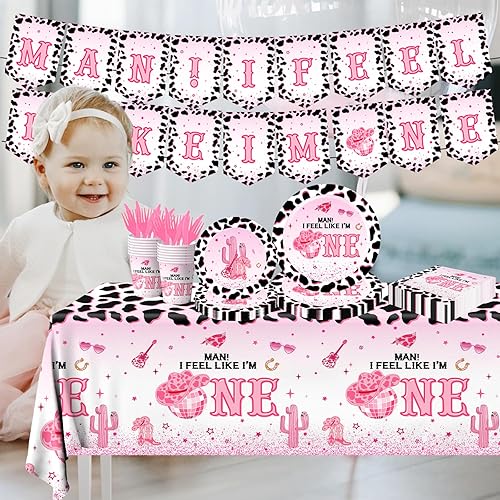 Miniatura 2 de Decoración de fiesta de cumpleaños de vaquera occidental, 142 piezas, juego de vajilla rosa de vaquera con la frase "I'm One Cowgirl", servilletas,