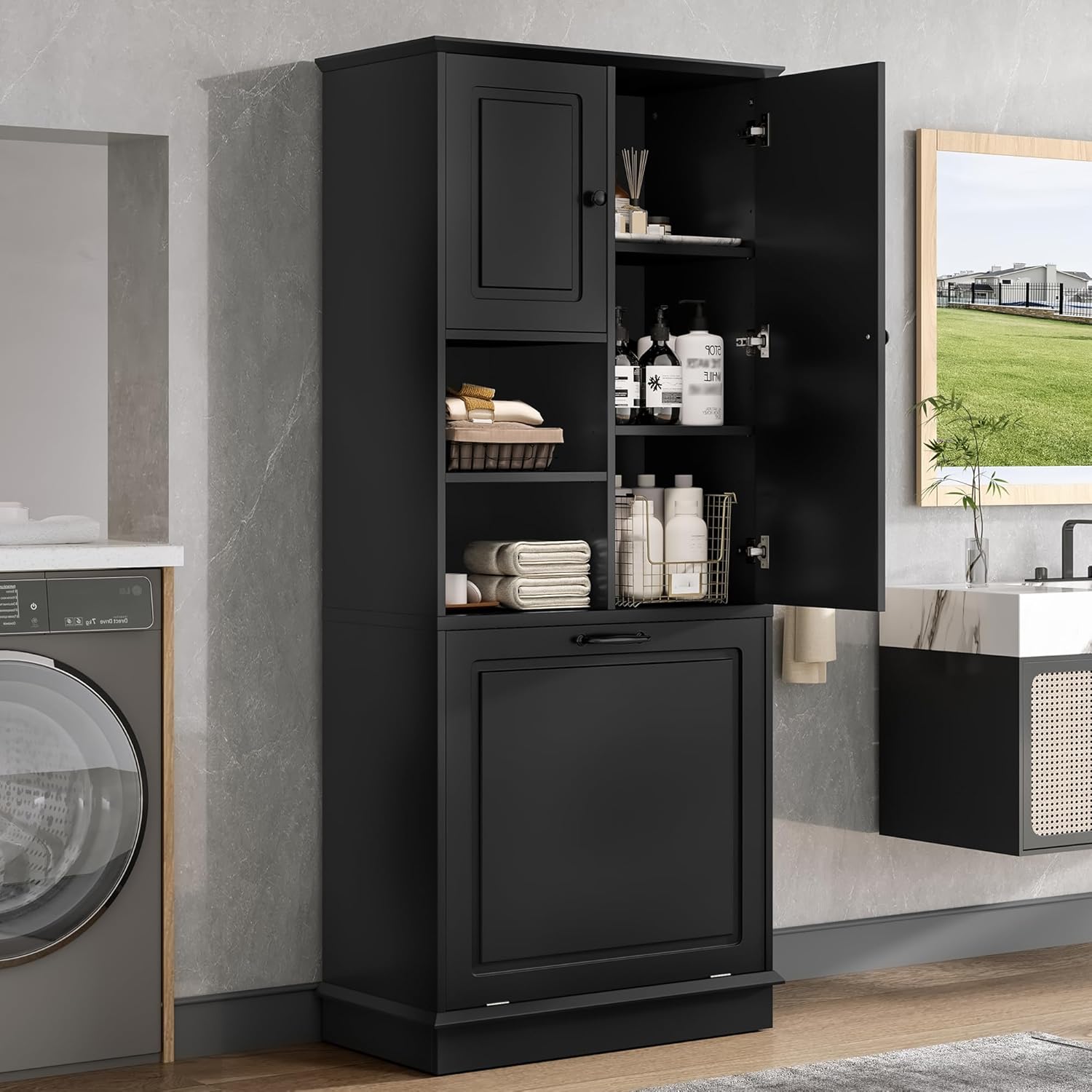 Tall Storage Cabinet with Adjustable Shelves & Flip-Out Basket, MDF Material with Aluminum Alloy Handles, Large Capacity for Bathroom, Kitchen, Living Room, Office Organizer, Black
