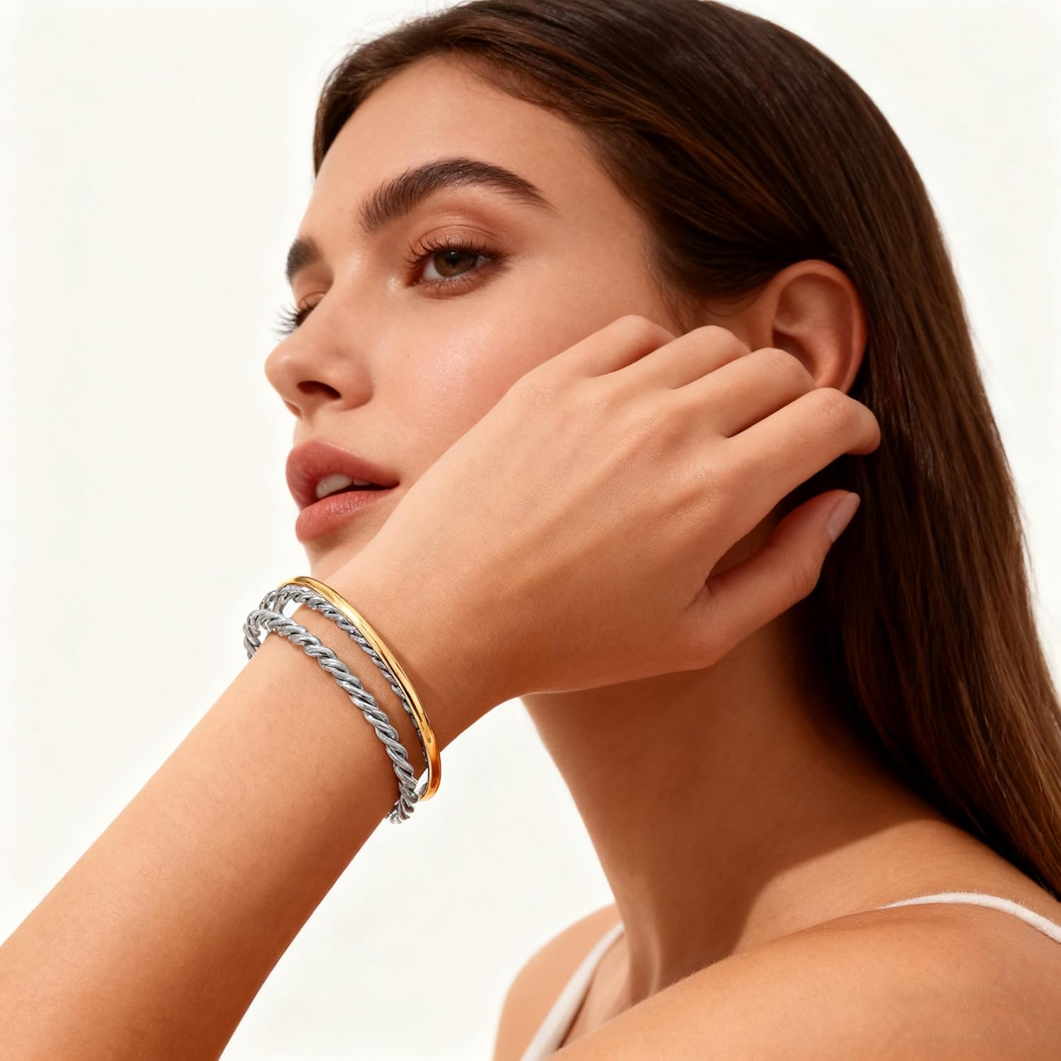 Two-Tone Twisted Rope Cuff Bracelet for Women, Gold & Silver Tone Mixed Metal Open Bangle Bracelet, Statement Chunky Bracelet - Image 2