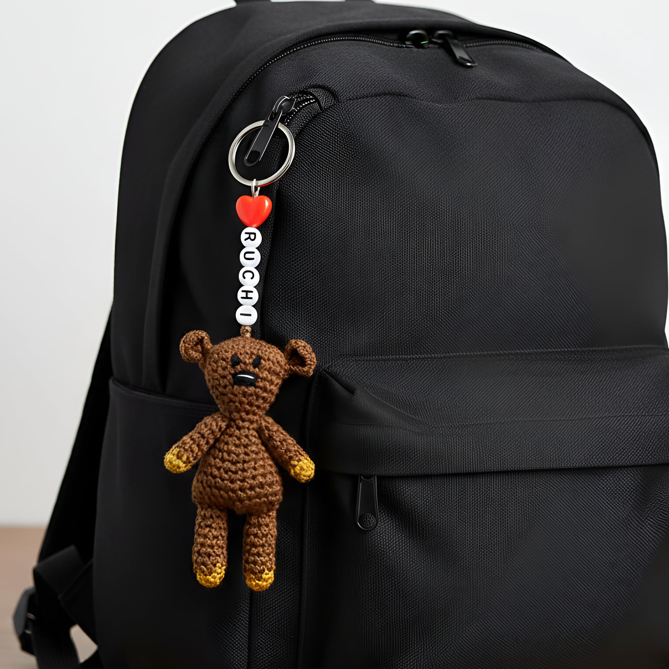 custom Personalized Name & Handmade Crochet Mr Bean Teddy Bear Keychain, Brown Crochet Bag Charm, 7cm, Customizable Name Tag, Decorative Accessory for Handbags and Backpacks-picture-10
