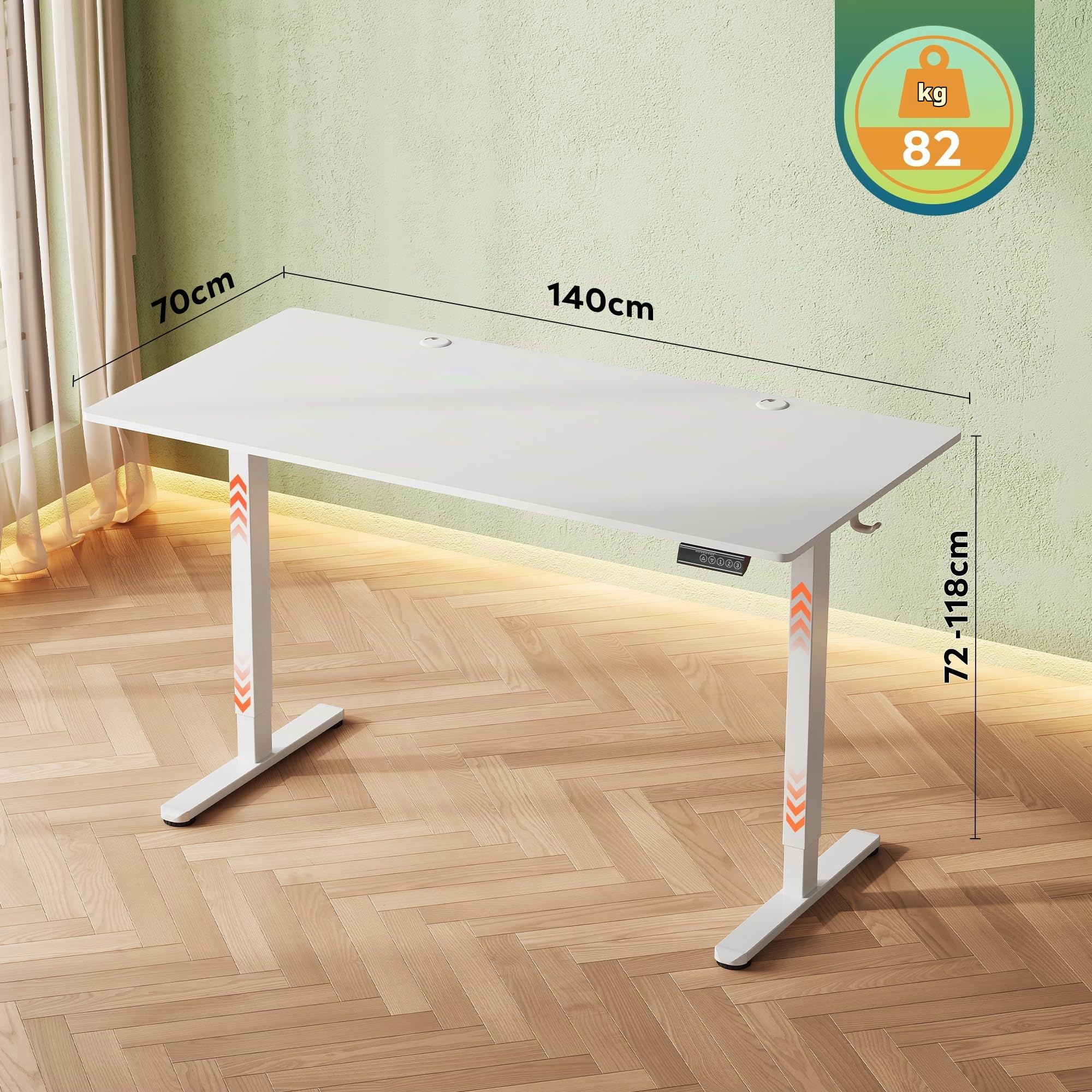 DEVAISE Escritorio Elevable Eléctrico 140x70cm, con 3 Memorias y Pantalla Digital, Mesa Ajustable Monobloque para Oficina en Casa, Blanco