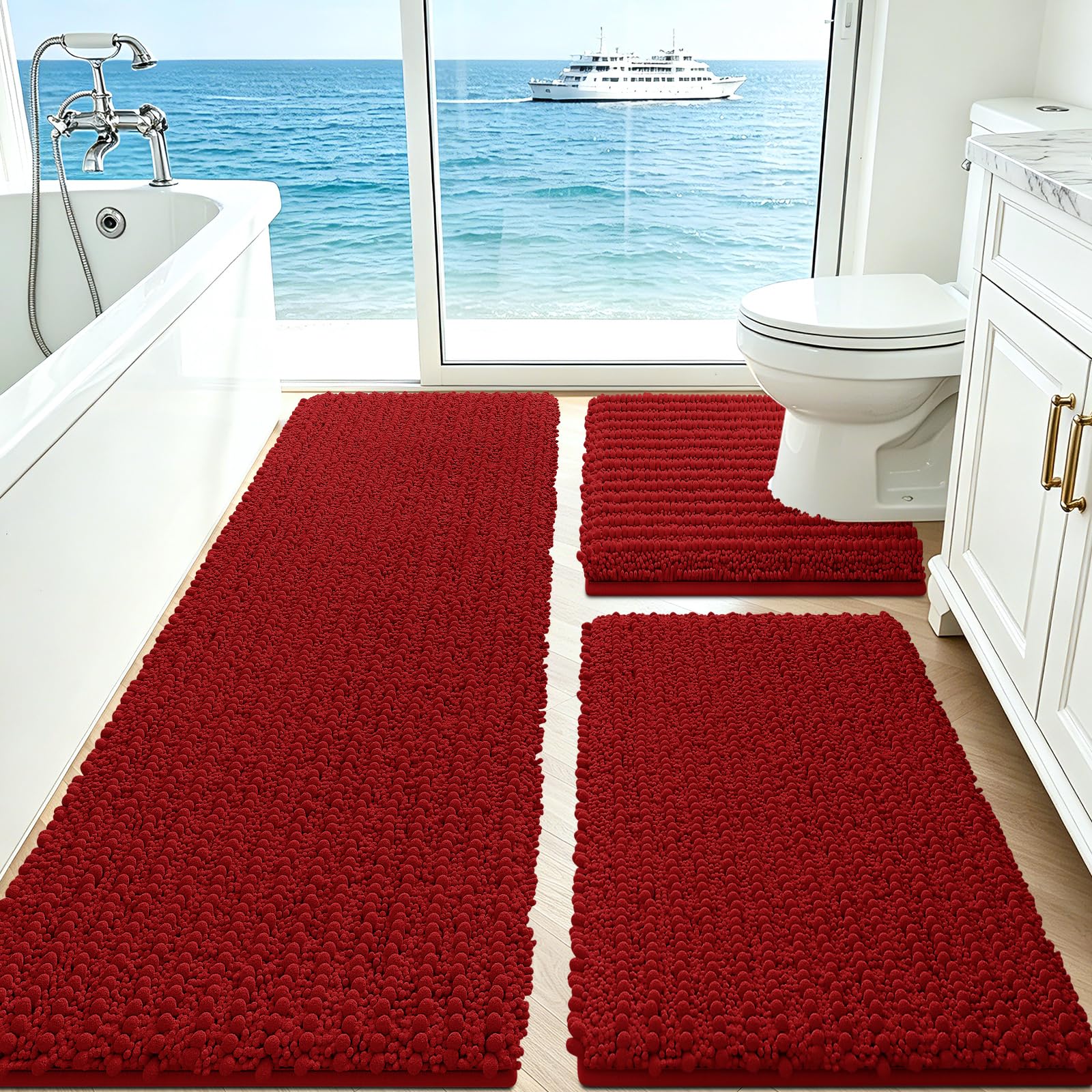 ACCUMTEK Upgrade Extra Large Red Bathroom Rug Set 3 Pieces Ultra Soft, Thick Absorbent Bath Mats, Non Slip Chenille Toilet Mat for Bathroom, Bedroom, Kitchen
