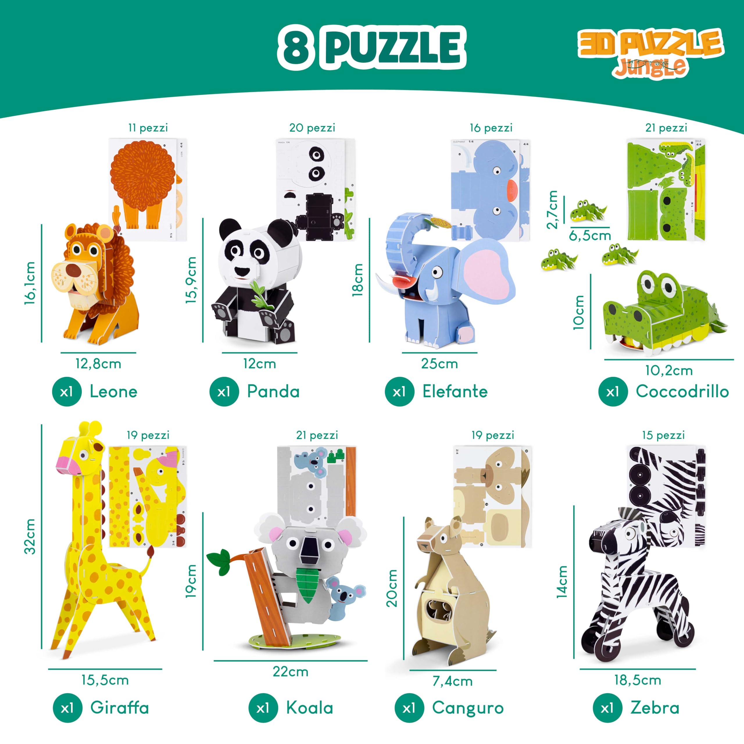 BONNYCO Puzzle 3D Bambini Animali della Giungla Pack 8. Giochi Bambini Educativi Giocattoli, 3D Puzzle Bambino e Bambina. Regalo Bambino 6 7 8 9 10 Anni, Regali Giochi Creativi Compleanno Natale
