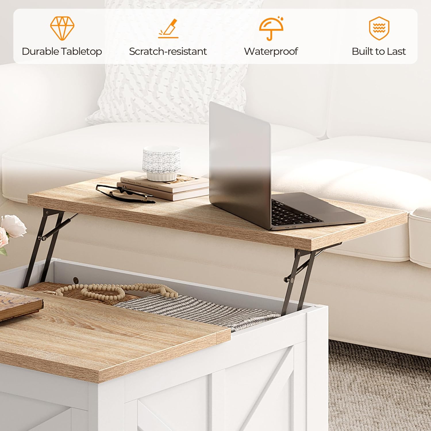 Yaheetech Farmhouse Lift Top Coffee Table with Storage, Square Coffee Table for Living Room, 31.5 Inches Center Tables with Large Hidden Storage Compartment for Home Office, White & Light Oak