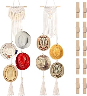 2 piezas boho sombrero estante de madera organizador con 10 clips tejido sombrero colgador de almacenamiento para colgar e...