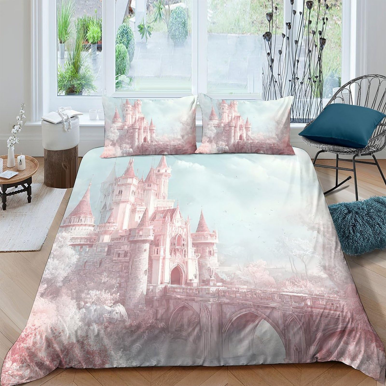 Ctjqhvkz Style-8 3D Printed Pink Castle Fitted Sheet Microfiber Soft Bedroom Decor Fantasy Landscape Bed Cover Mattress Protection Single（135X200cm）