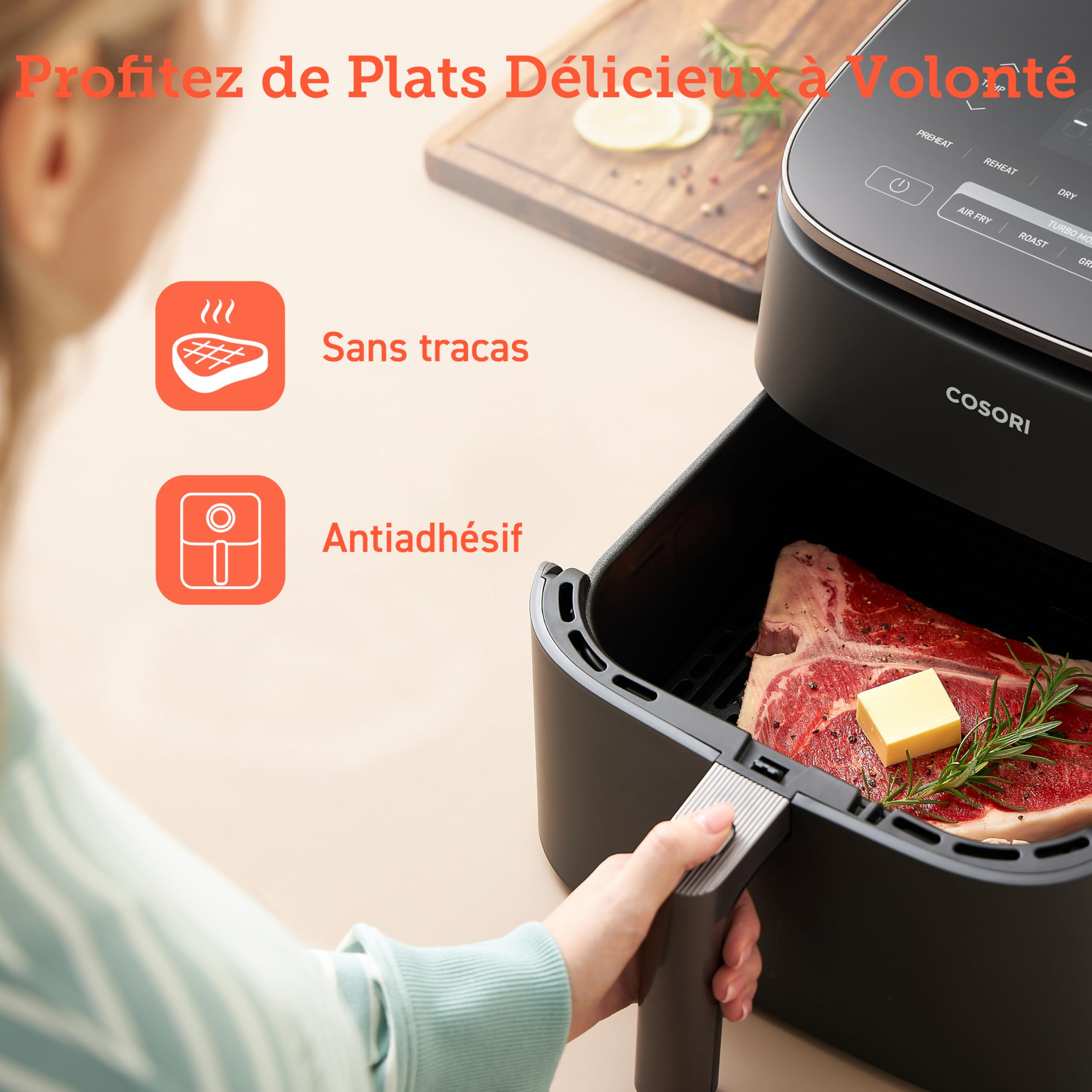 Panier d'origine pour friteuse à air COSORI Turbo Blaze 6L, revêtement céramique sans PFAS, accessoire de rechange pour friteuse à air CAF-DC601-KEU, antiadhésif, compatible lave-vaisselle, gris