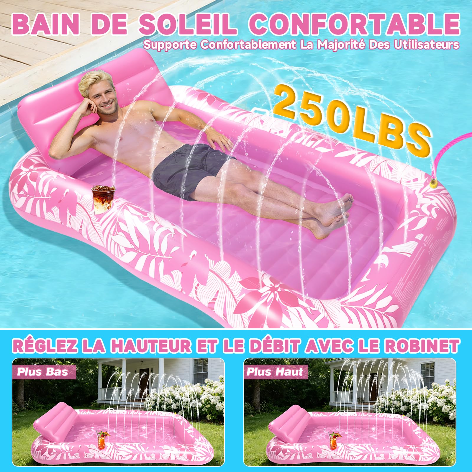 Matelas Gonflable Piscine avec Arroseur, Hamac Gonflable Piscine avec Coussins Et Porte-Gobelets, Imprimé Matelas De Bronzage 210 * 130 cm pour Piscine, Jardin, Pelouse Et Plage