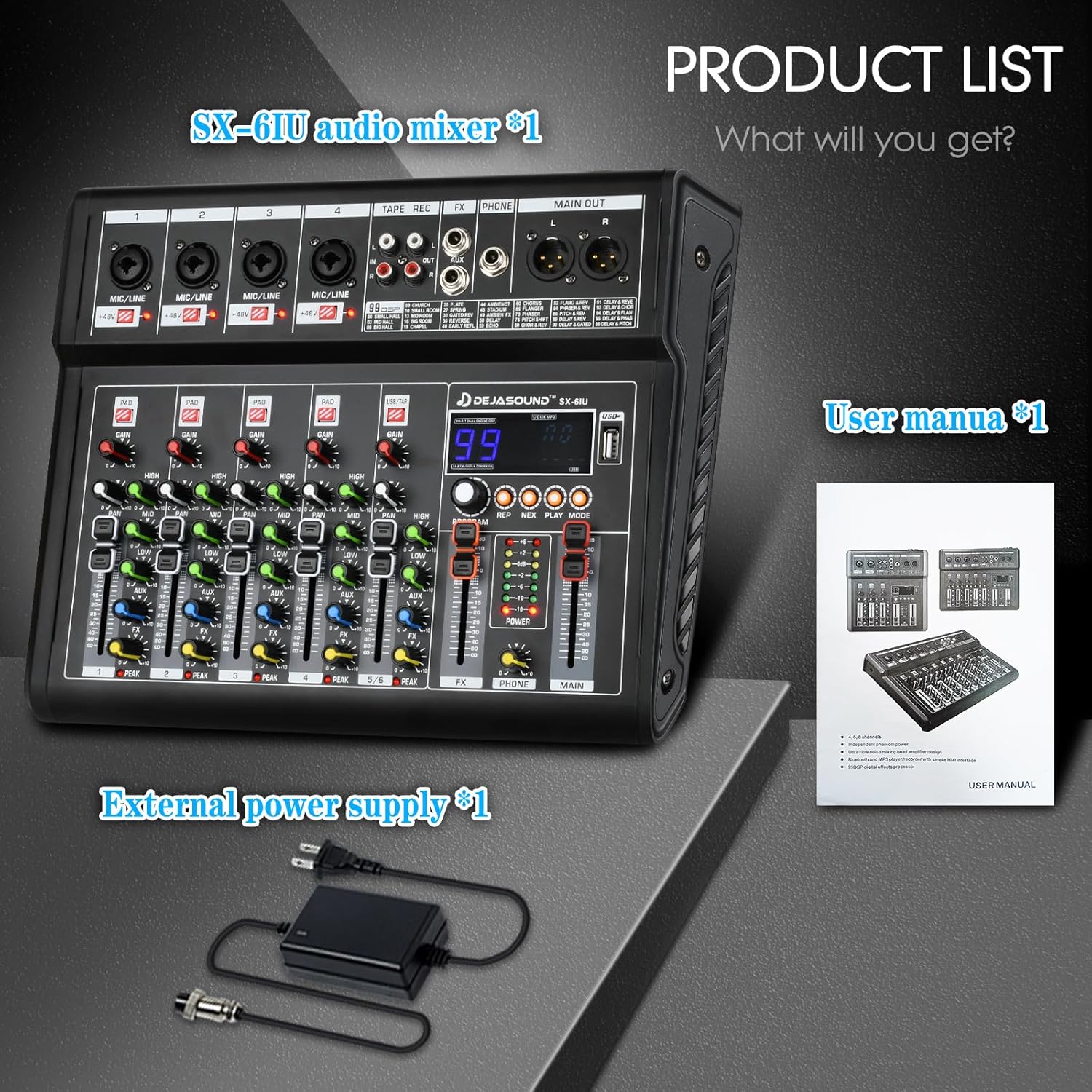 6-Channel Audio Mixer for PC, SX-6iu Mixing Console with XLR Inputs, Bluetooth, 99 Digital Signal Processor Effects, USB Interface, MP3 Compatible for Podcast, Music, Recording 9.84"x2.17"x12.6"inches