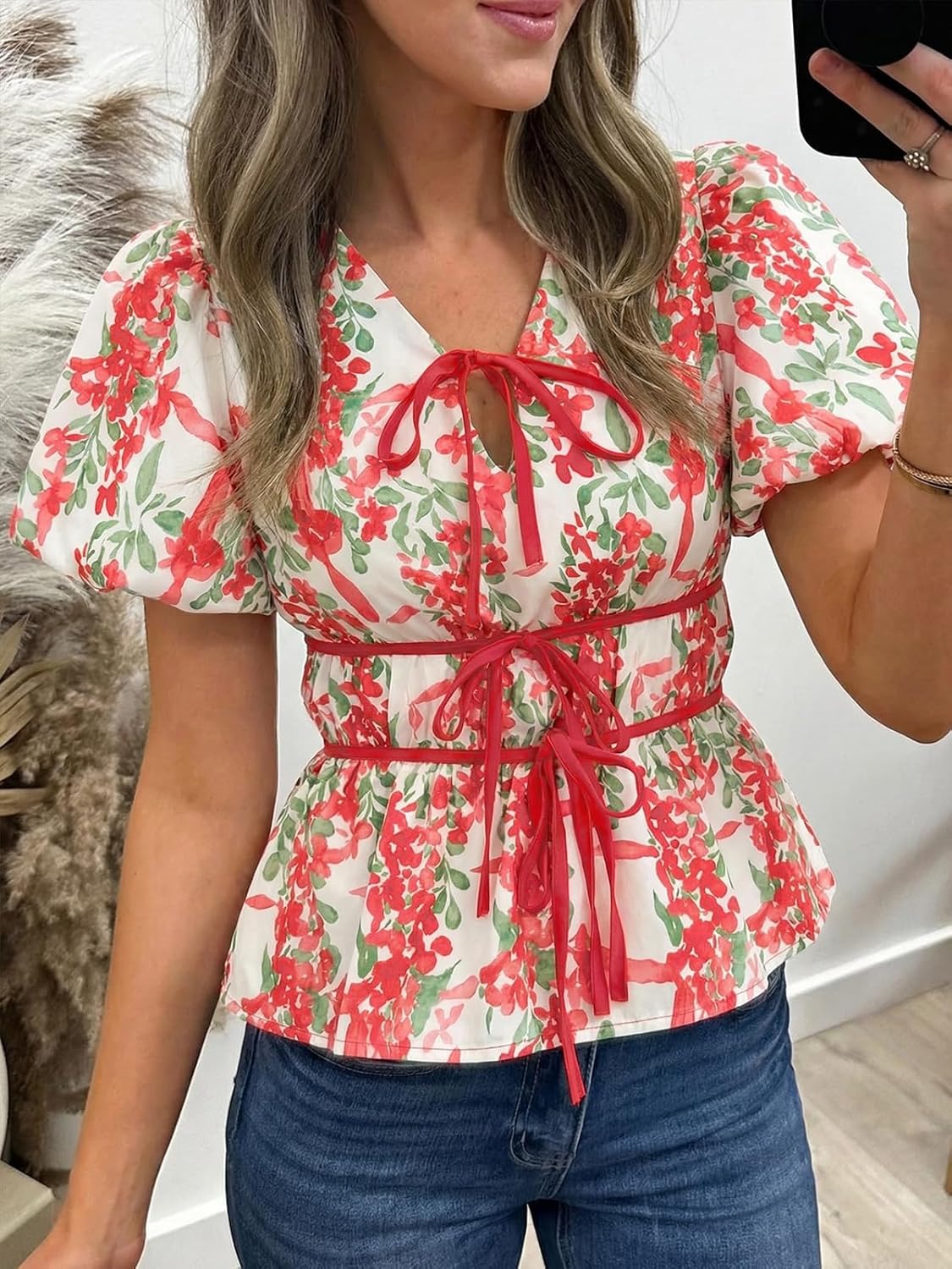 Cicy Bell Womens Puff Sleeve Tie Front Tops Summer Babydoll Peplum V Neck Blouse Casual Dressy Pleated Floral Print Shirts