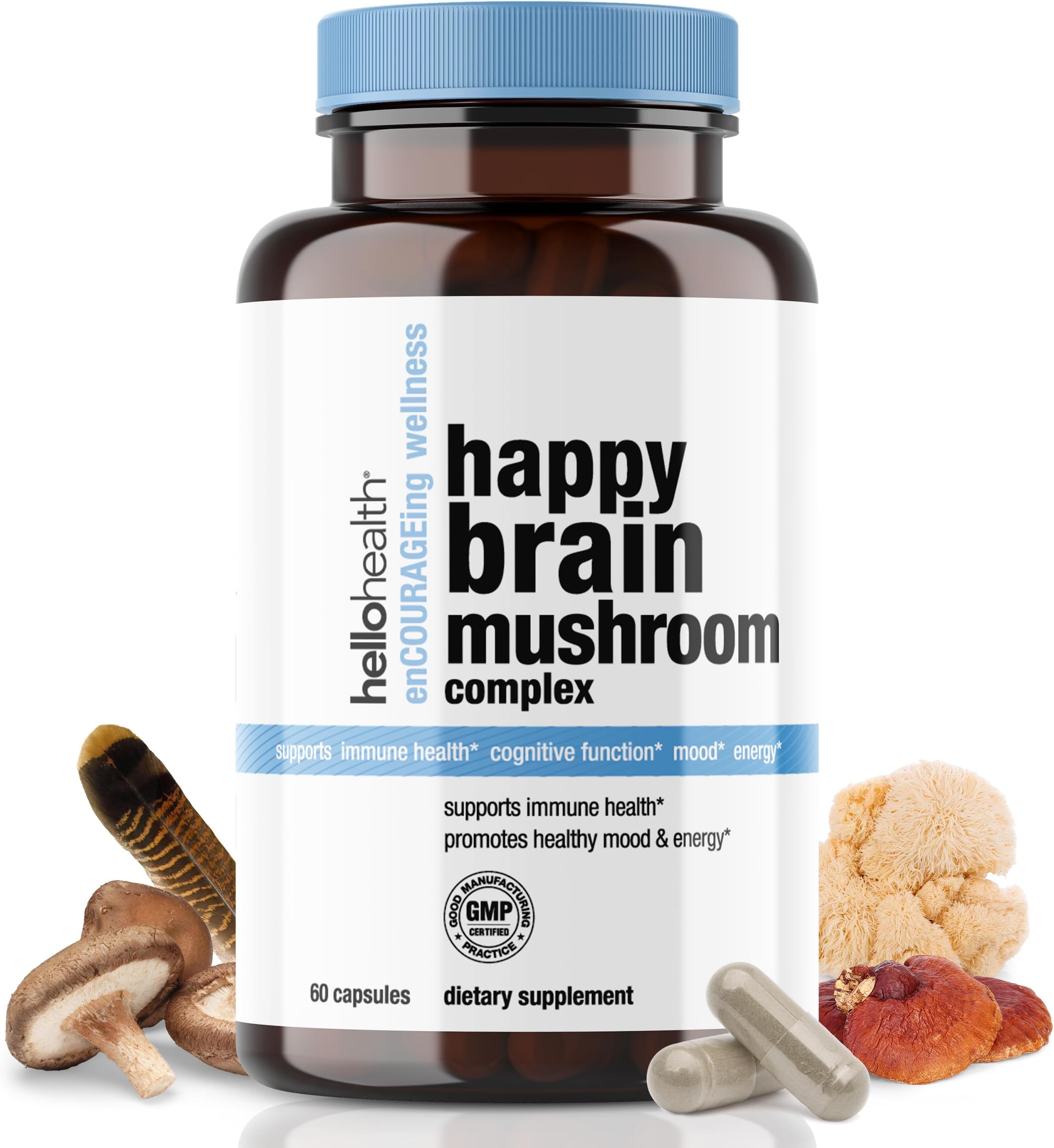 Happy Brain Mushroom Complex Nootropics Brain Support Supplement | 10 Mushroom Supplement: Lions Mane, Turkey Tail, Red Reishi, Shiitake Mushrooms for Mental Clarity, Energy & Immune Support 60 ct