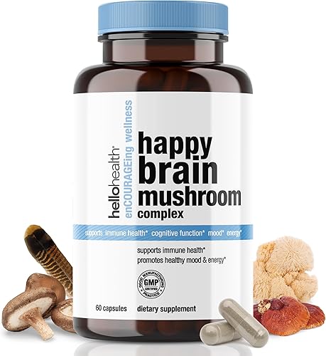 Happy Brain Mushroom Complex Nootropics Suplemento de apoyo cerebral  Suplemento de 10 hongos melena de león, cola de pavo, reishi rojo, hongos