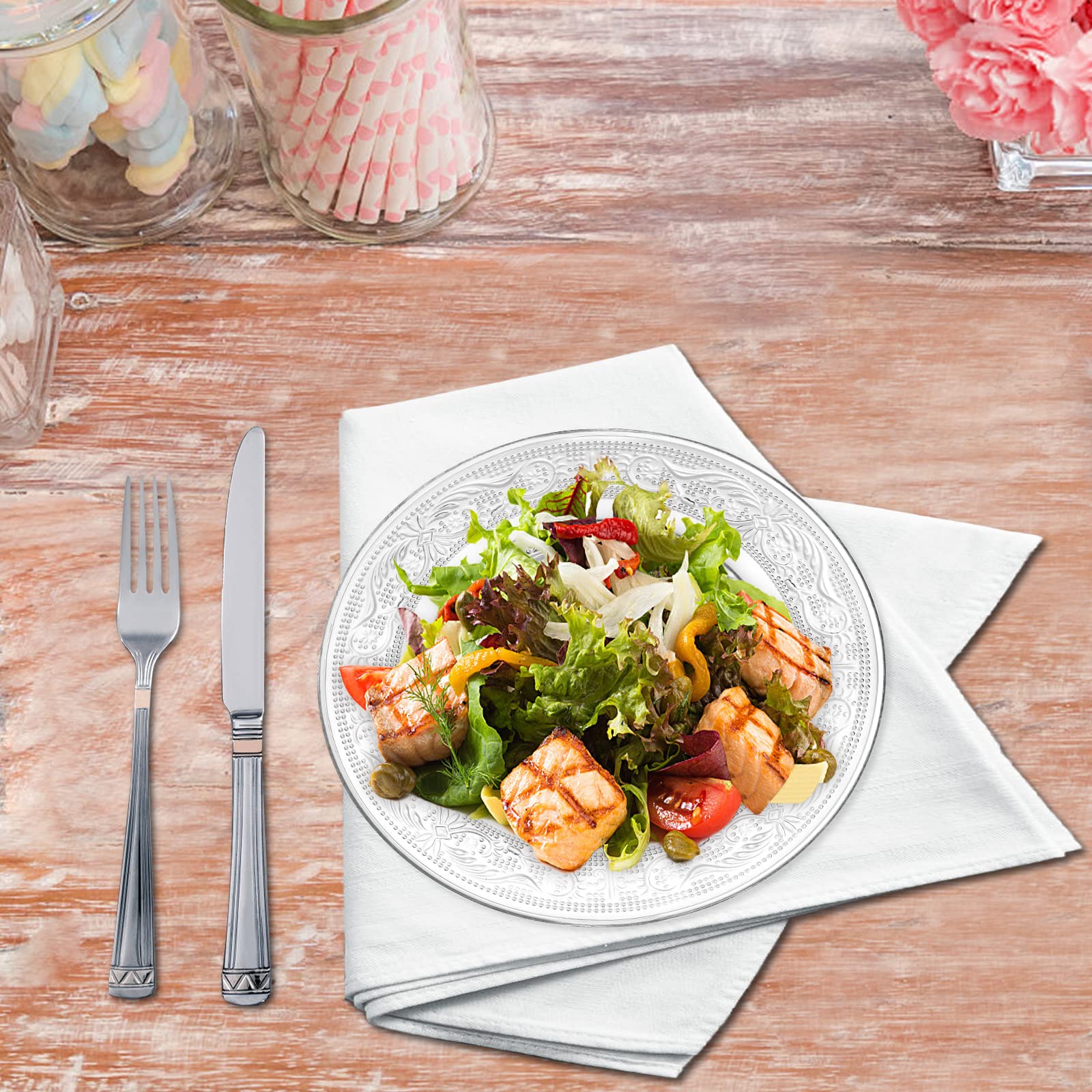 Frcctre 6Pack Glass Salad Plates, 7 Inches Glass Fruit Dessert Plates, Clear Glass Appetizer Dinnerware Set with Beautiful Carved Pattern, Dishwasher Safe